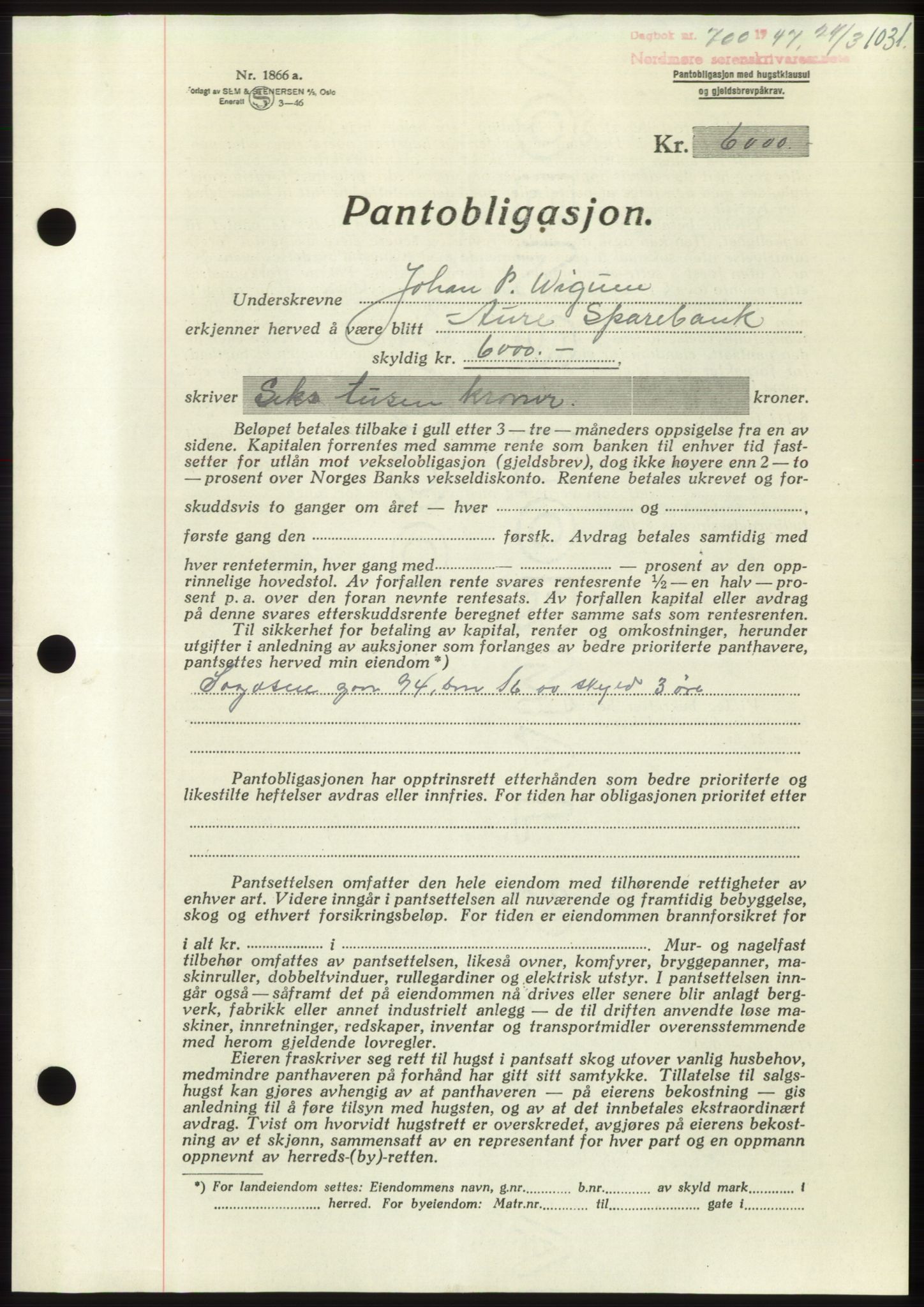 Nordmøre sorenskriveri, AV/SAT-A-4132/1/2/2Ca: Mortgage book no. B95, 1946-1947, Diary no: : 700/1947