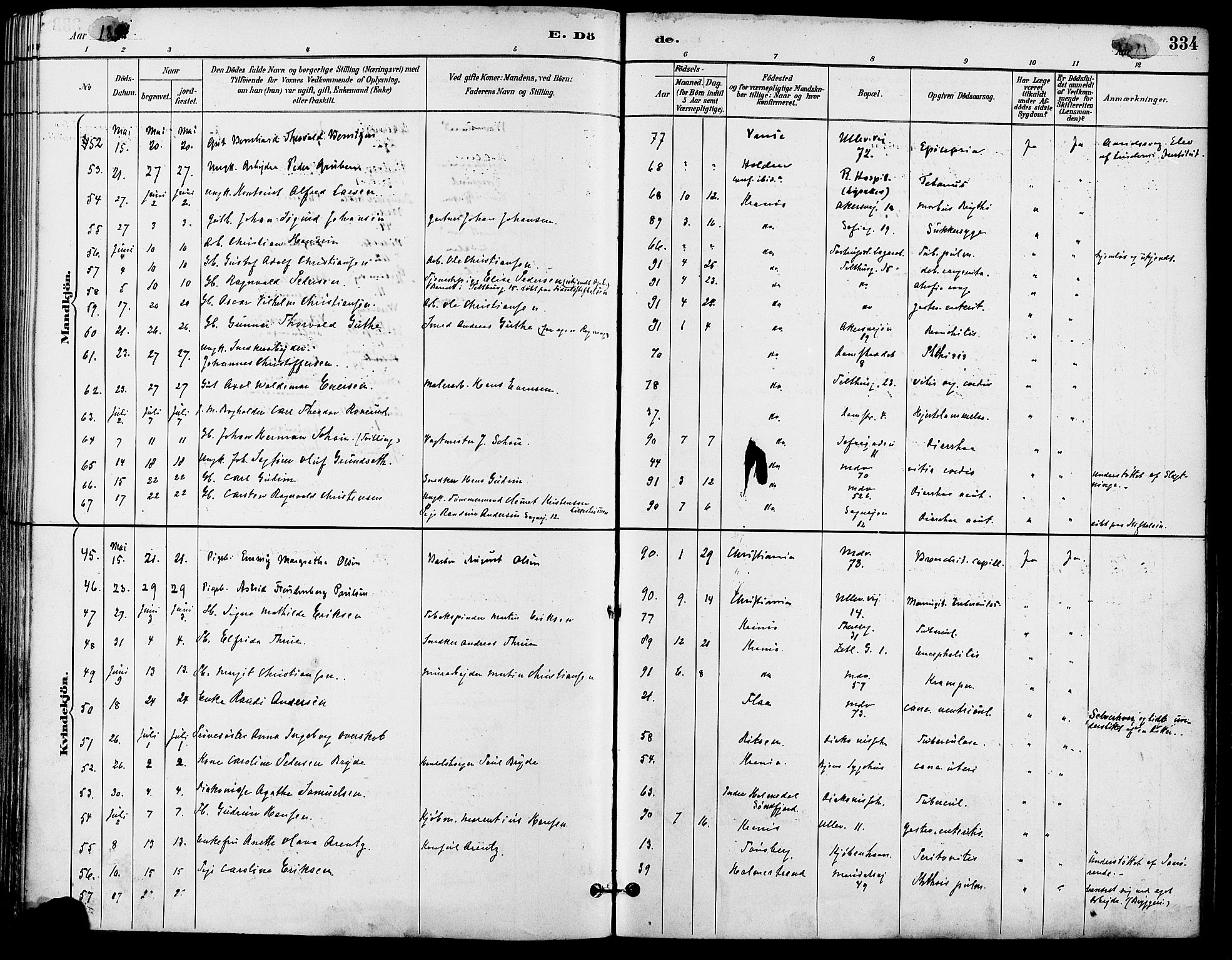 Gamle Aker prestekontor Kirkebøker, AV/SAO-A-10617a/F/L0008: Parish register (official) no. 8, 1887-1896, p. 334