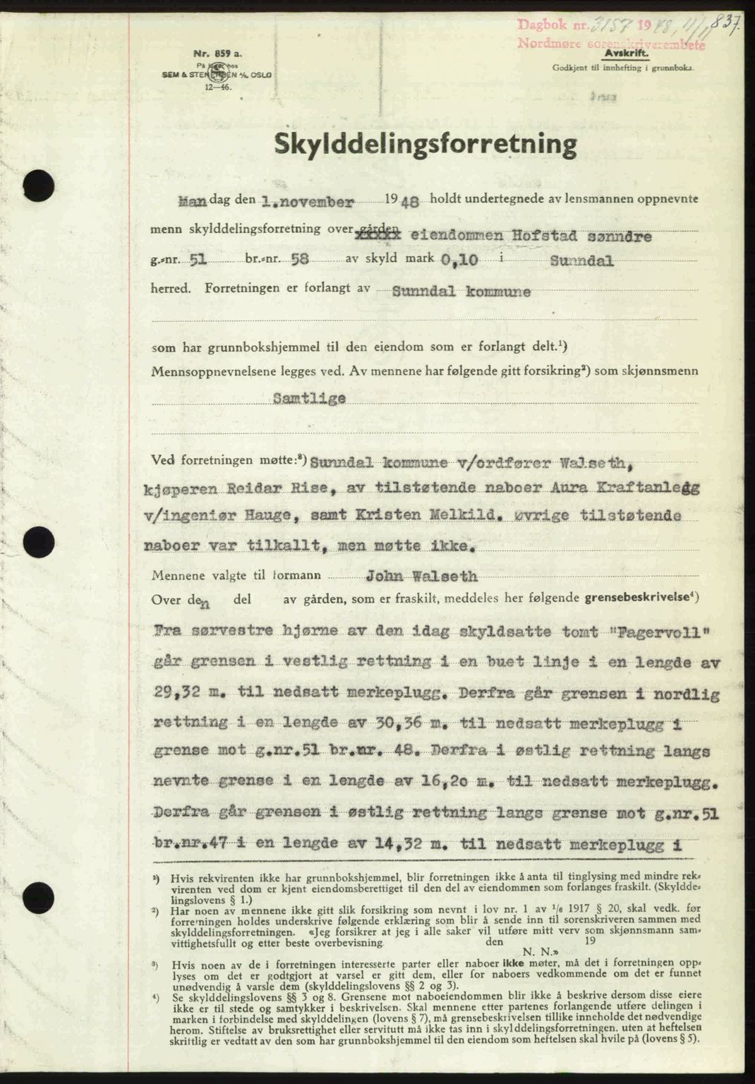 Nordmøre sorenskriveri, AV/SAT-A-4132/1/2/2Ca: Mortgage book no. A109, 1948-1948, Diary no: : 3157/1948