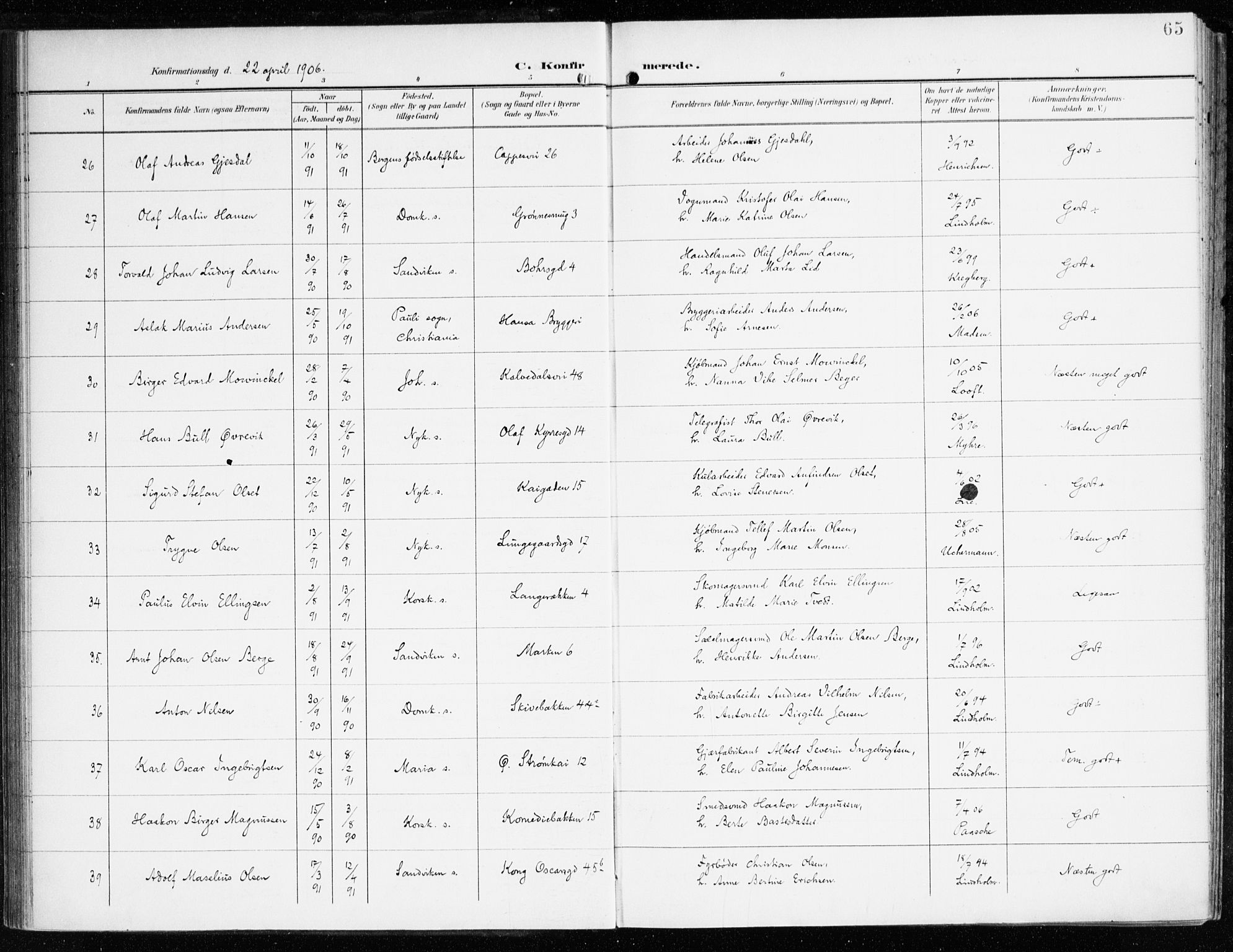 Domkirken sokneprestembete, SAB/A-74801/H/Haa/L0031: Parish register (official) no. C 6, 1898-1915, p. 65