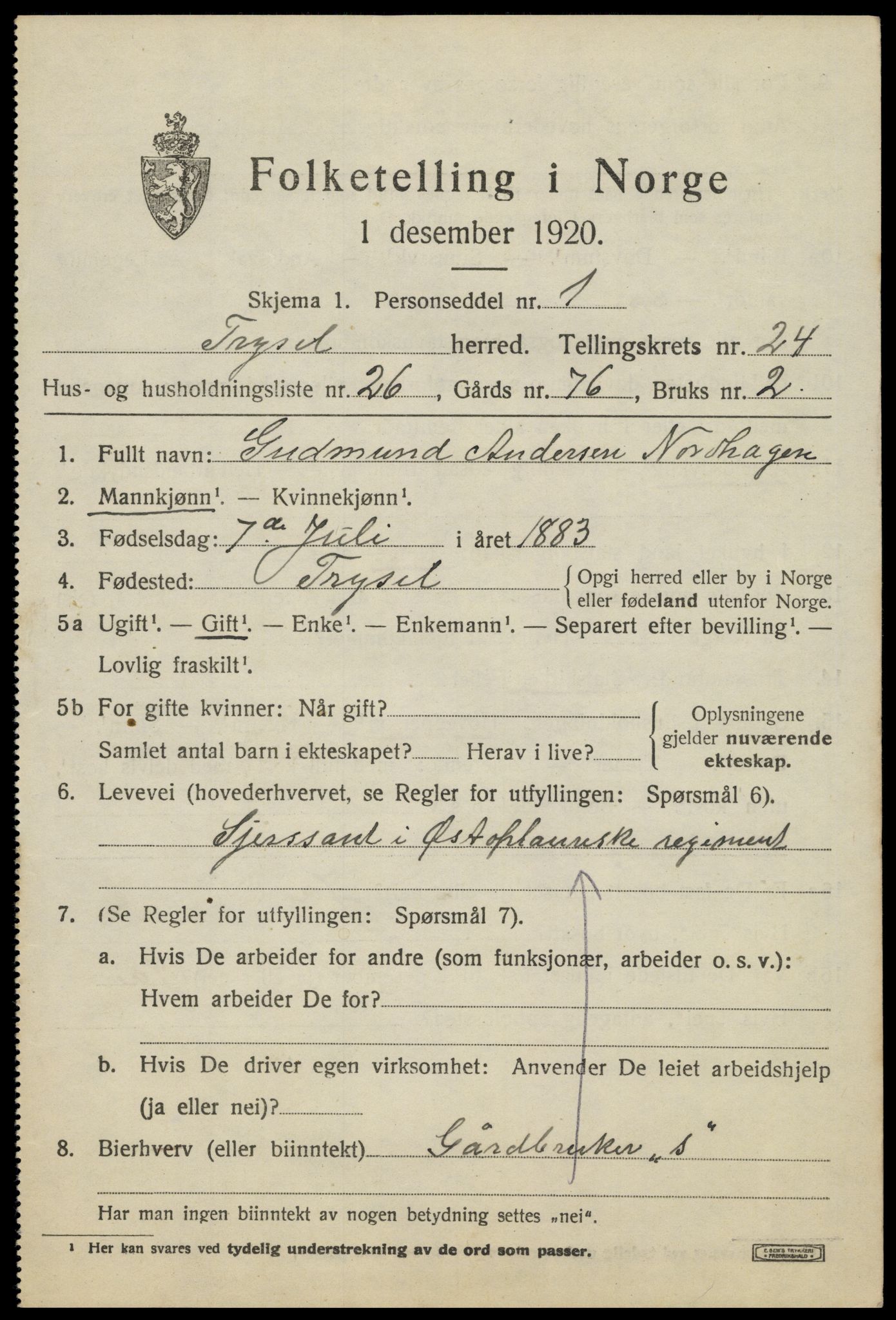SAH, 1920 census for Trysil, 1920, p. 15525