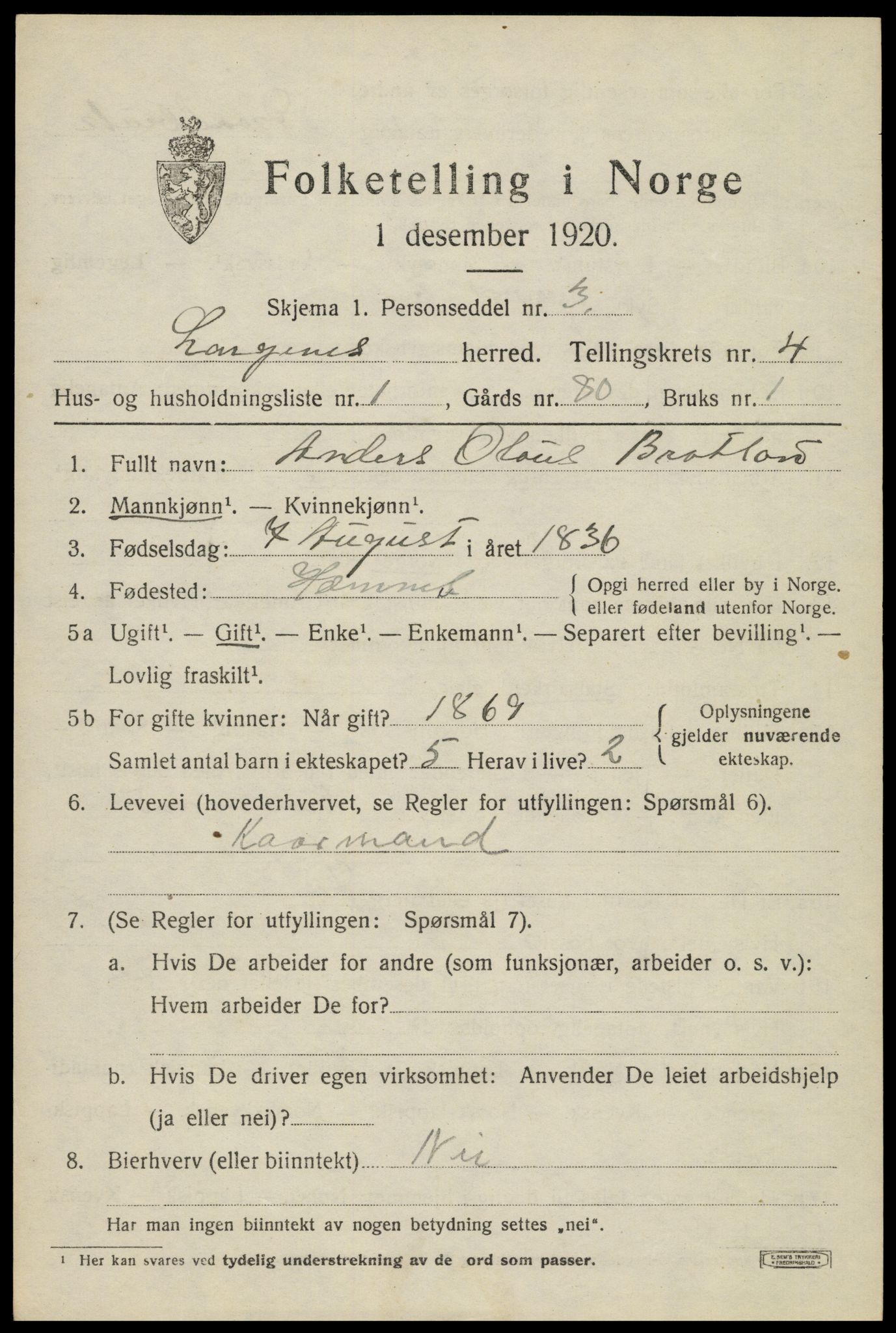 SAT, 1920 census for Langenes, 1920, p. 1520