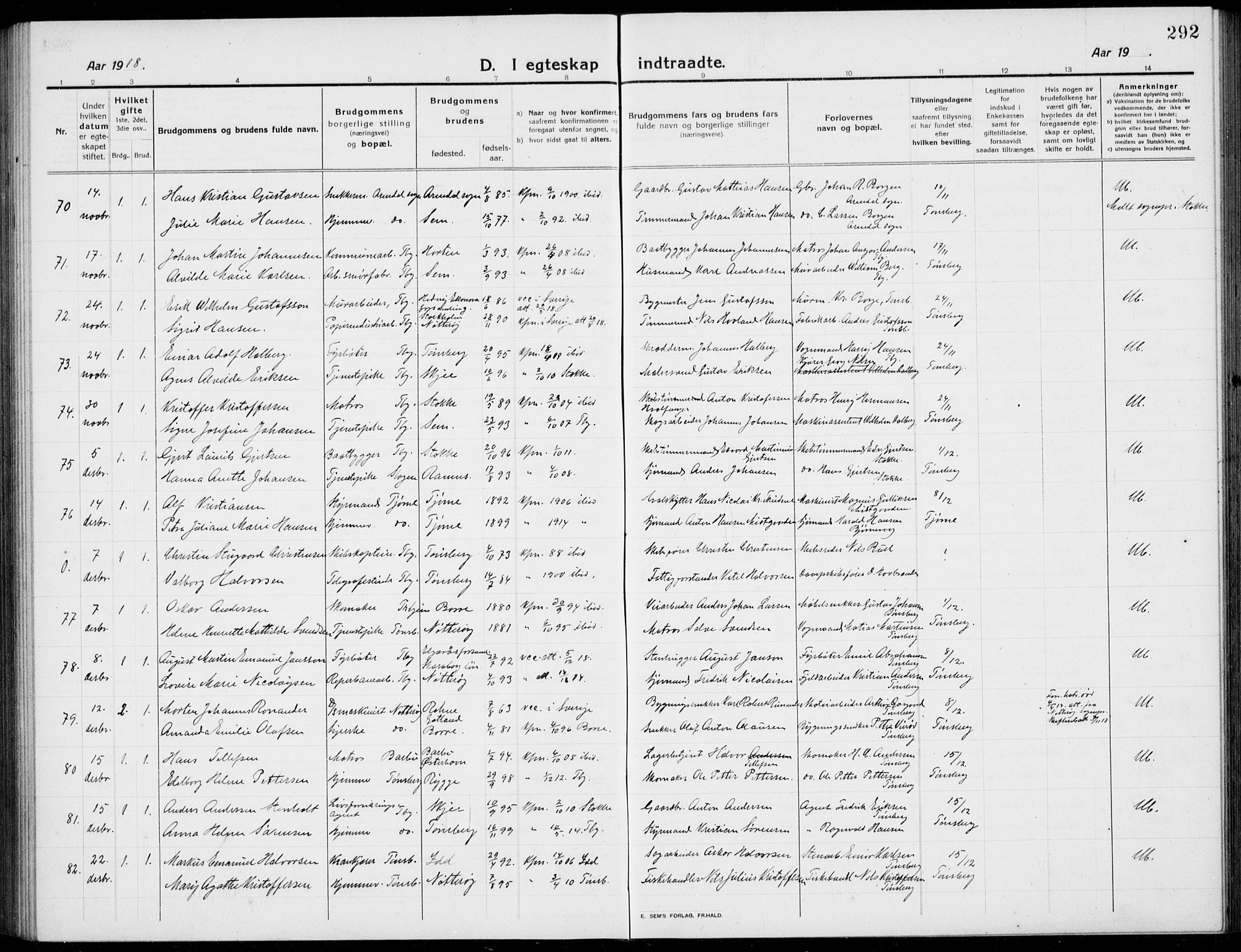 Tønsberg kirkebøker, AV/SAKO-A-330/G/Ga/L0009: Parish register (copy) no. 9, 1913-1920, p. 292