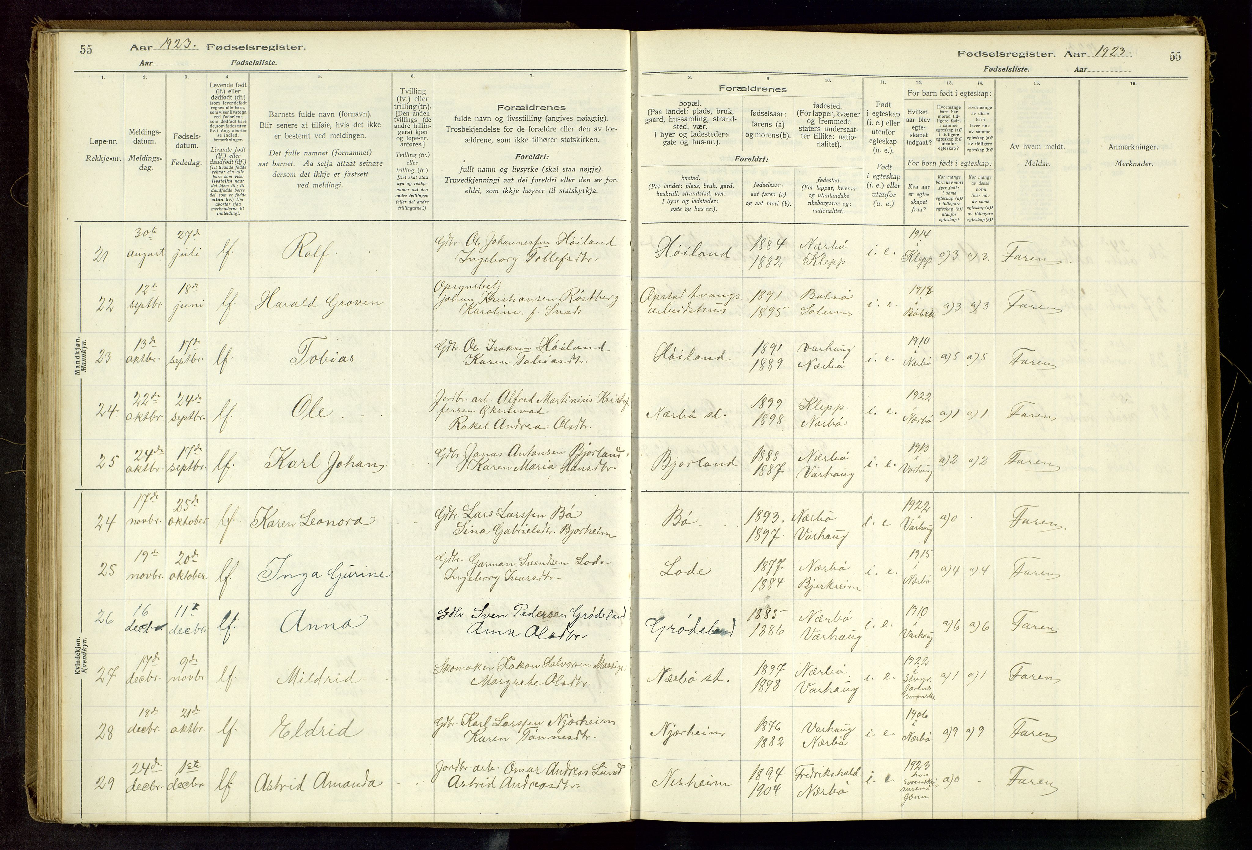 Hå sokneprestkontor, AV/SAST-A-101801/002/C/L0001: Birth register no. 1, 1916-1945, p. 55