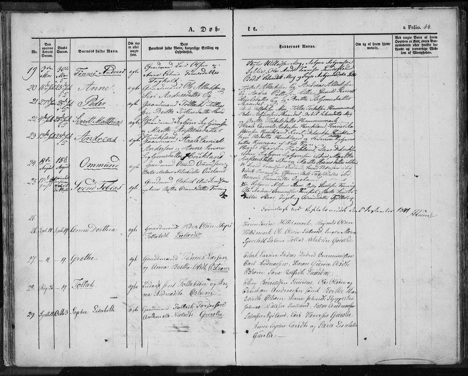 Lund sokneprestkontor, SAST/A-101809/S06/L0007: Parish register (official) no. A 7.1, 1833-1854, p. 44