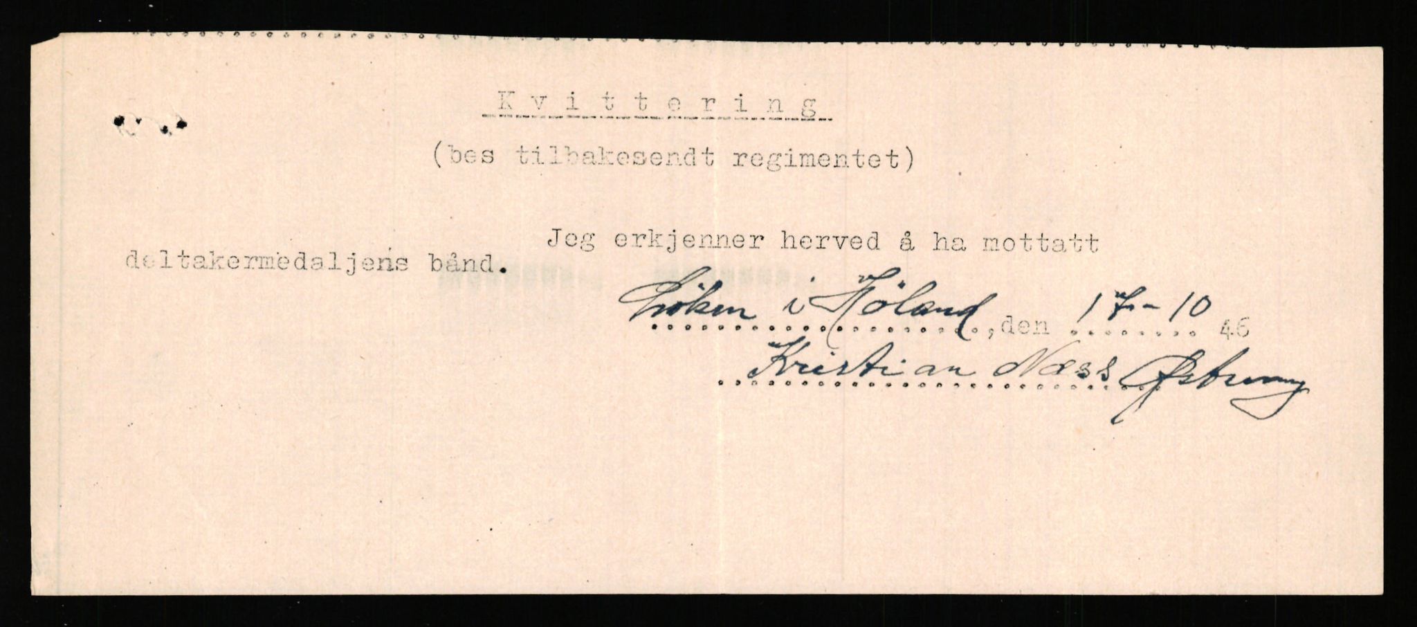 Forsvaret, Jegerkorpset - Akershus infantriregiment nr. 4, RA/RAFA-2947/D/Dd/L0056: DELTAKERMEDALJEN 2. VERDENSKRIG BOKS 4 N-Ø, 1945-1950, p. 144