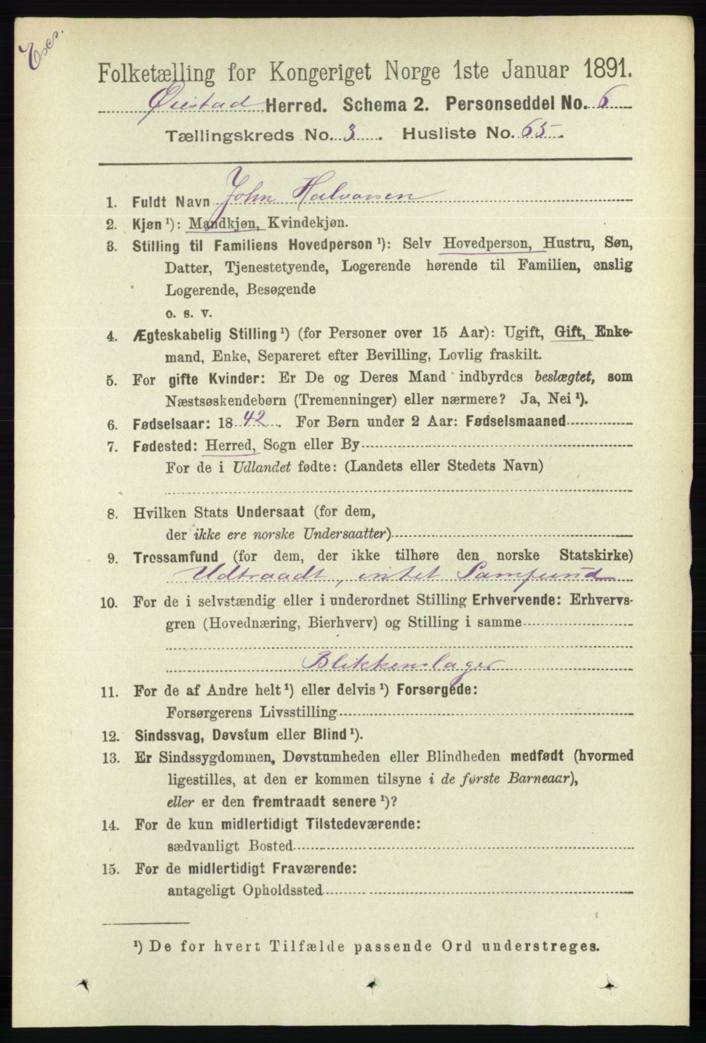 RA, Census 1891 for Nedenes amt: Gjenparter av personsedler for beslektede ektefeller, menn, 1891, p. 632