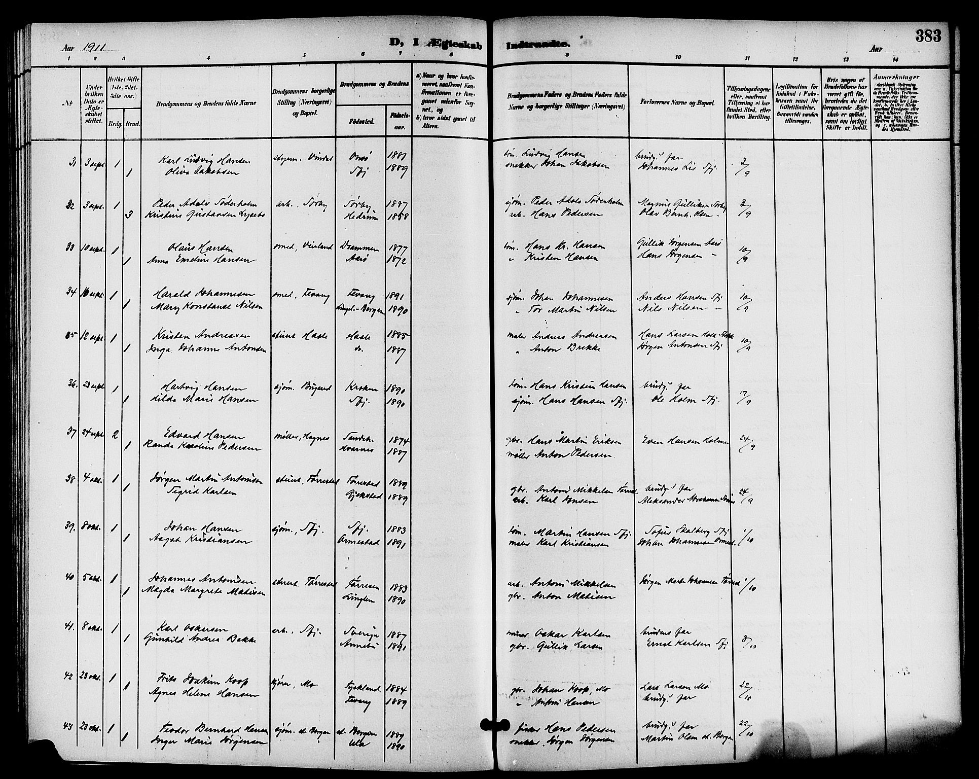 Sandar kirkebøker, AV/SAKO-A-243/G/Ga/L0002: Parish register (copy) no. 2, 1900-1915, p. 383