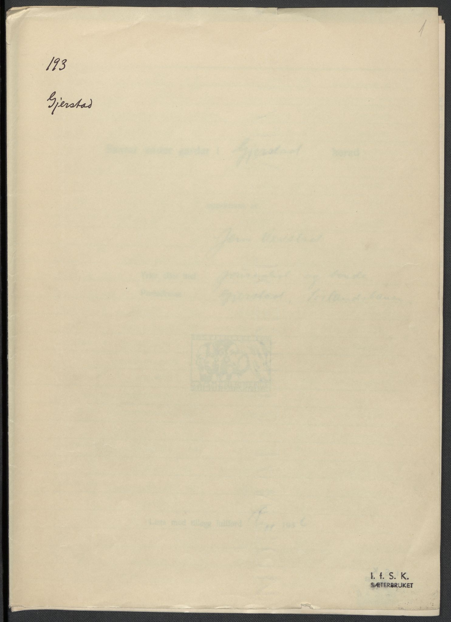 Instituttet for sammenlignende kulturforskning, RA/PA-0424/F/Fc/L0008/0001: Eske B8: / Aust-Agder (perm XIX), 1932-1938, p. 1