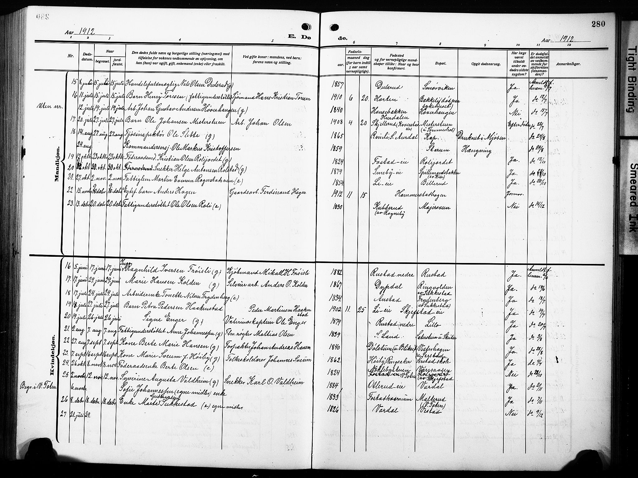 Østre Toten prestekontor, SAH/PREST-104/H/Ha/Hab/L0010: Parish register (copy) no. 10, 1912-1933, p. 280