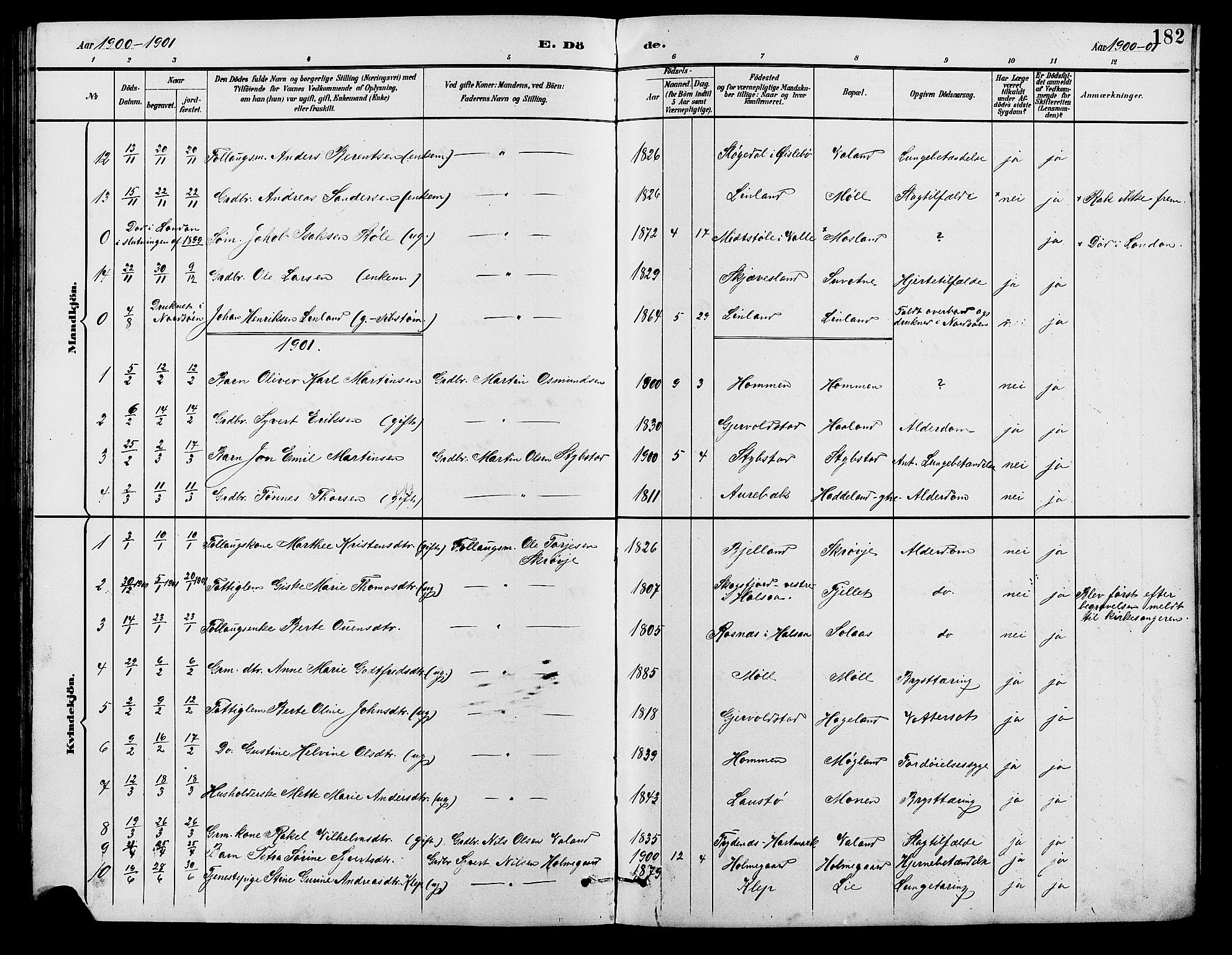 Holum sokneprestkontor, SAK/1111-0022/F/Fb/Fba/L0005: Parish register (copy) no. B 5, 1891-1909, p. 182