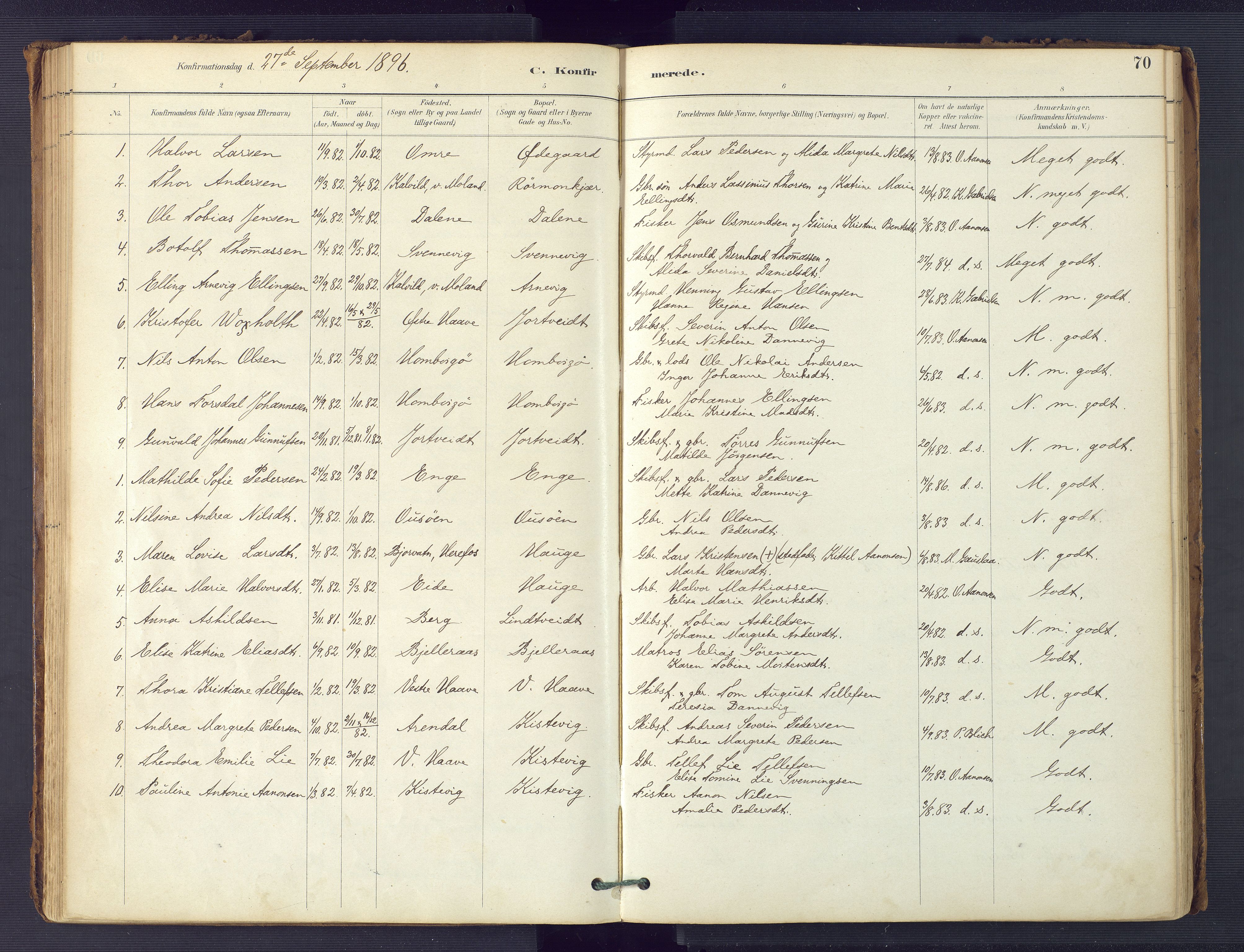 Hommedal sokneprestkontor, SAK/1111-0023/F/Fa/Faa/L0003: Parish register (official) no. A 3, 1885-1916, p. 70