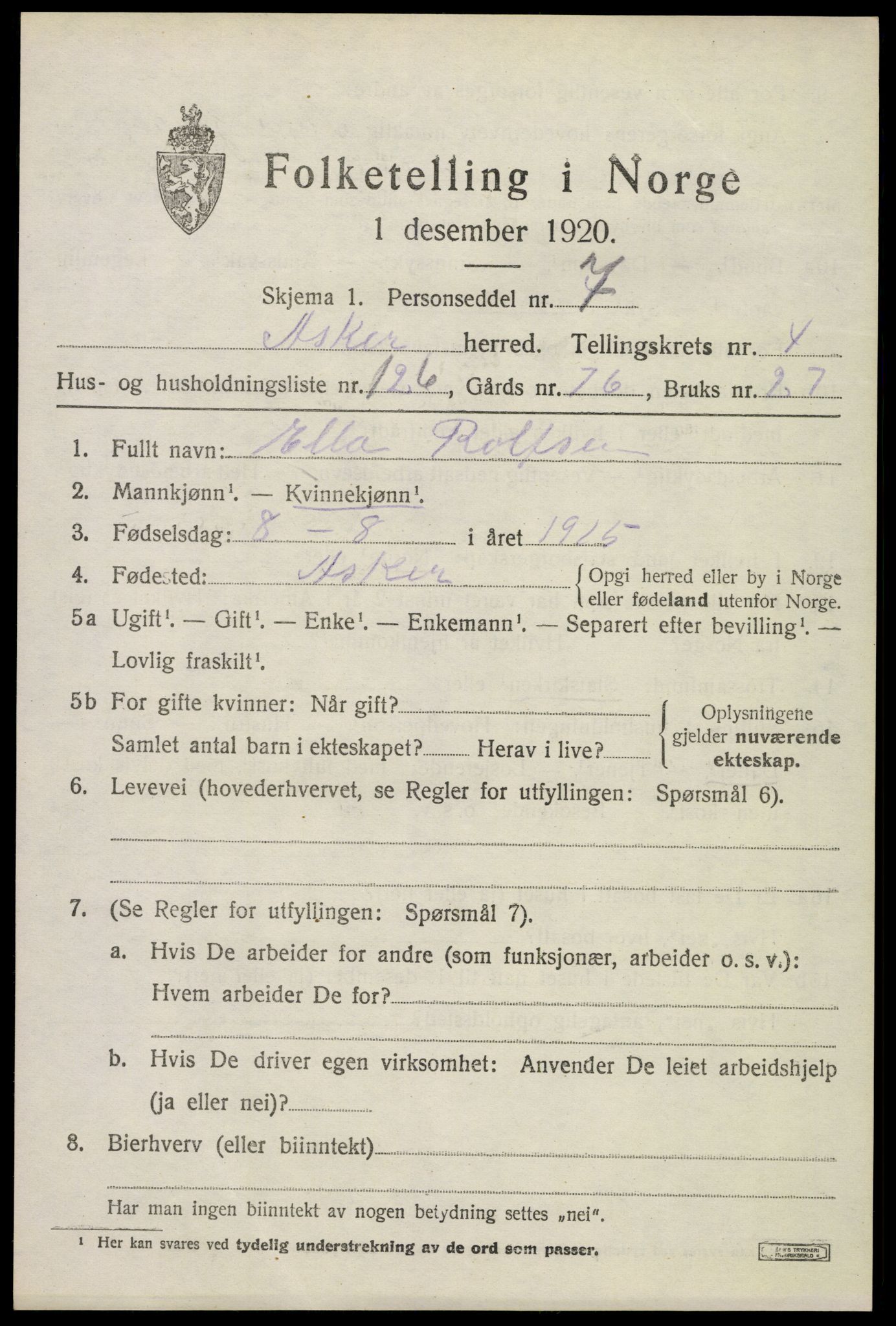 SAO, 1920 census for Asker, 1920, p. 11692