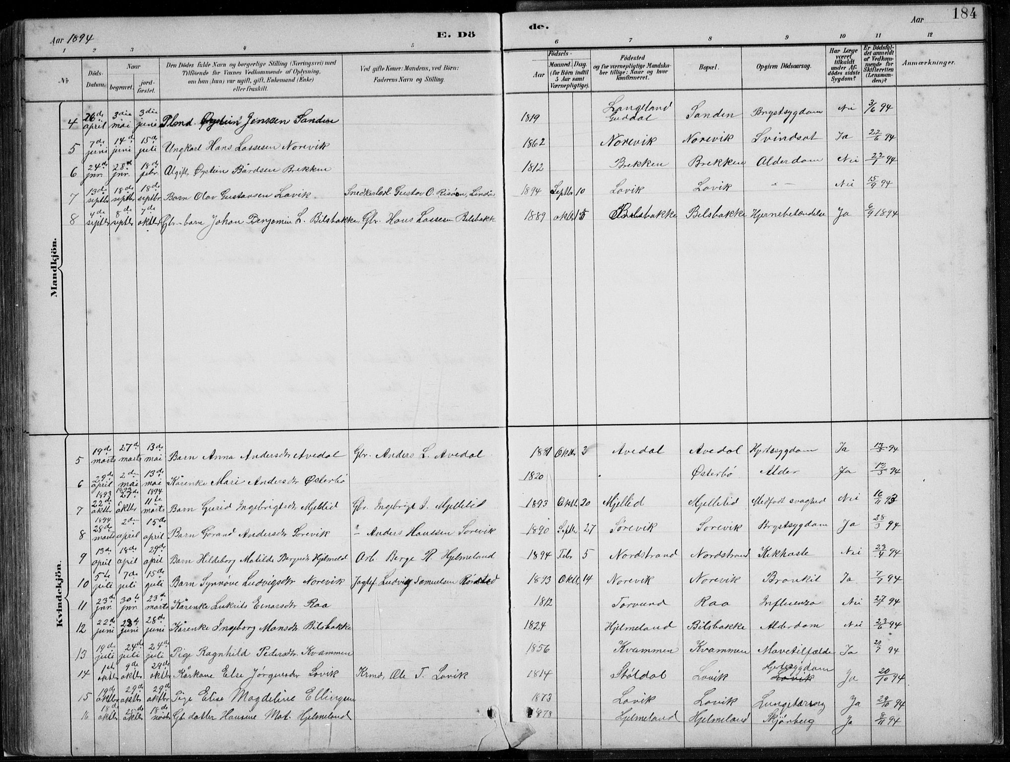 Lavik sokneprestembete, SAB/A-80901: Parish register (copy) no. A 2, 1882-1910, p. 184