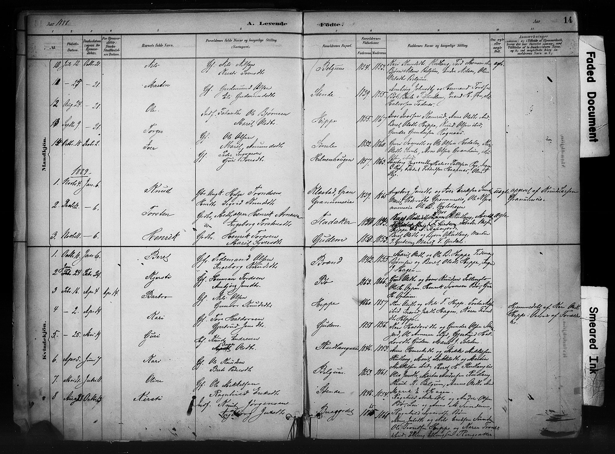 Nord-Aurdal prestekontor, SAH/PREST-132/H/Ha/Haa/L0011: Parish register (official) no. 11, 1883-1896, p. 14