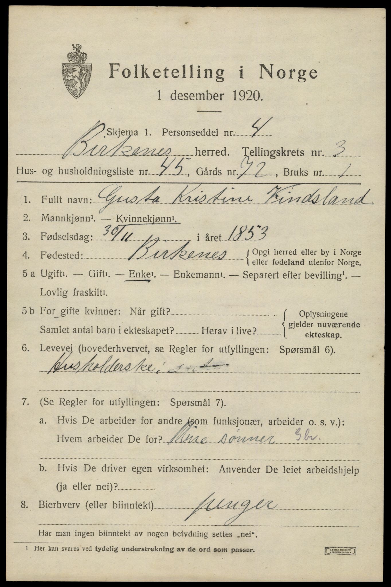 SAK, 1920 census for Birkenes, 1920, p. 1761