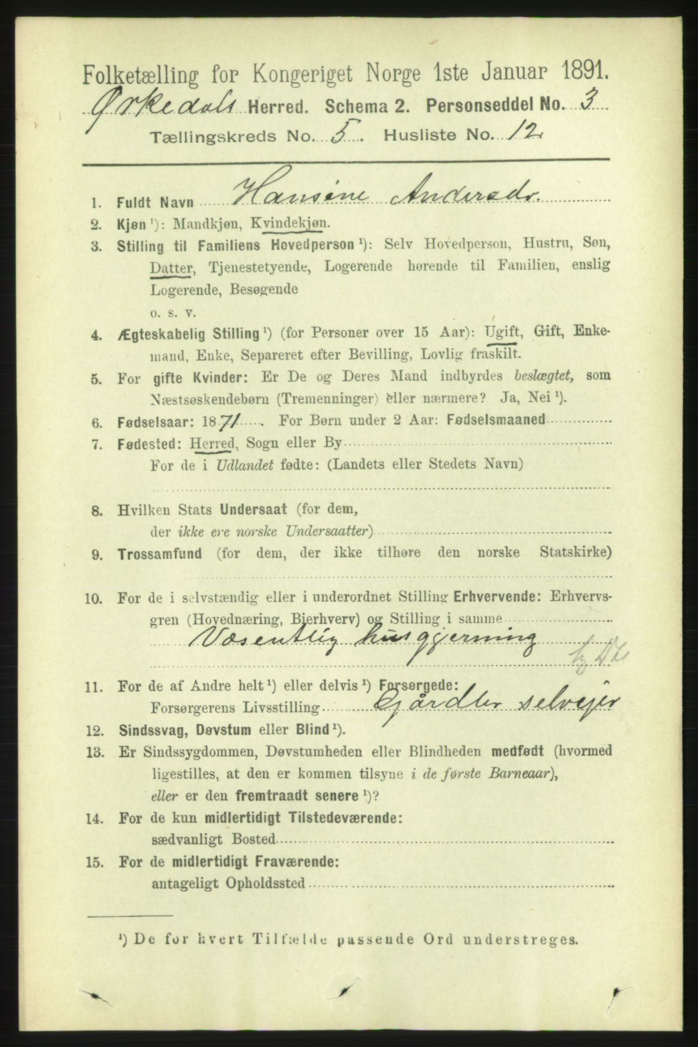 RA, 1891 census for 1638 Orkdal, 1891, p. 2585