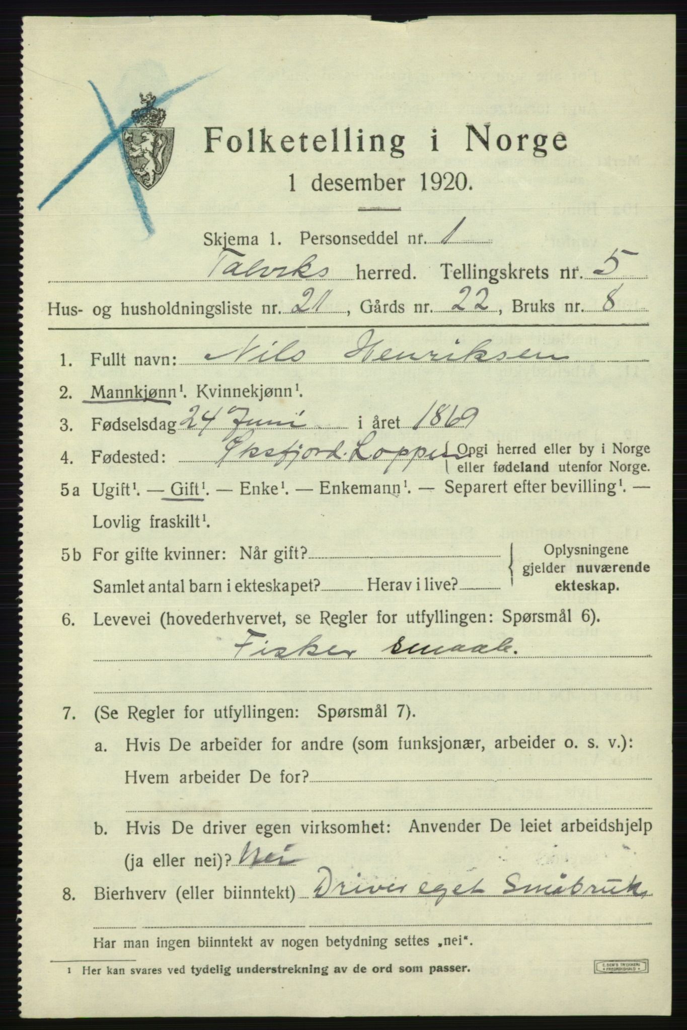 SATØ, 1920 census for Talvik, 1920, p. 3616