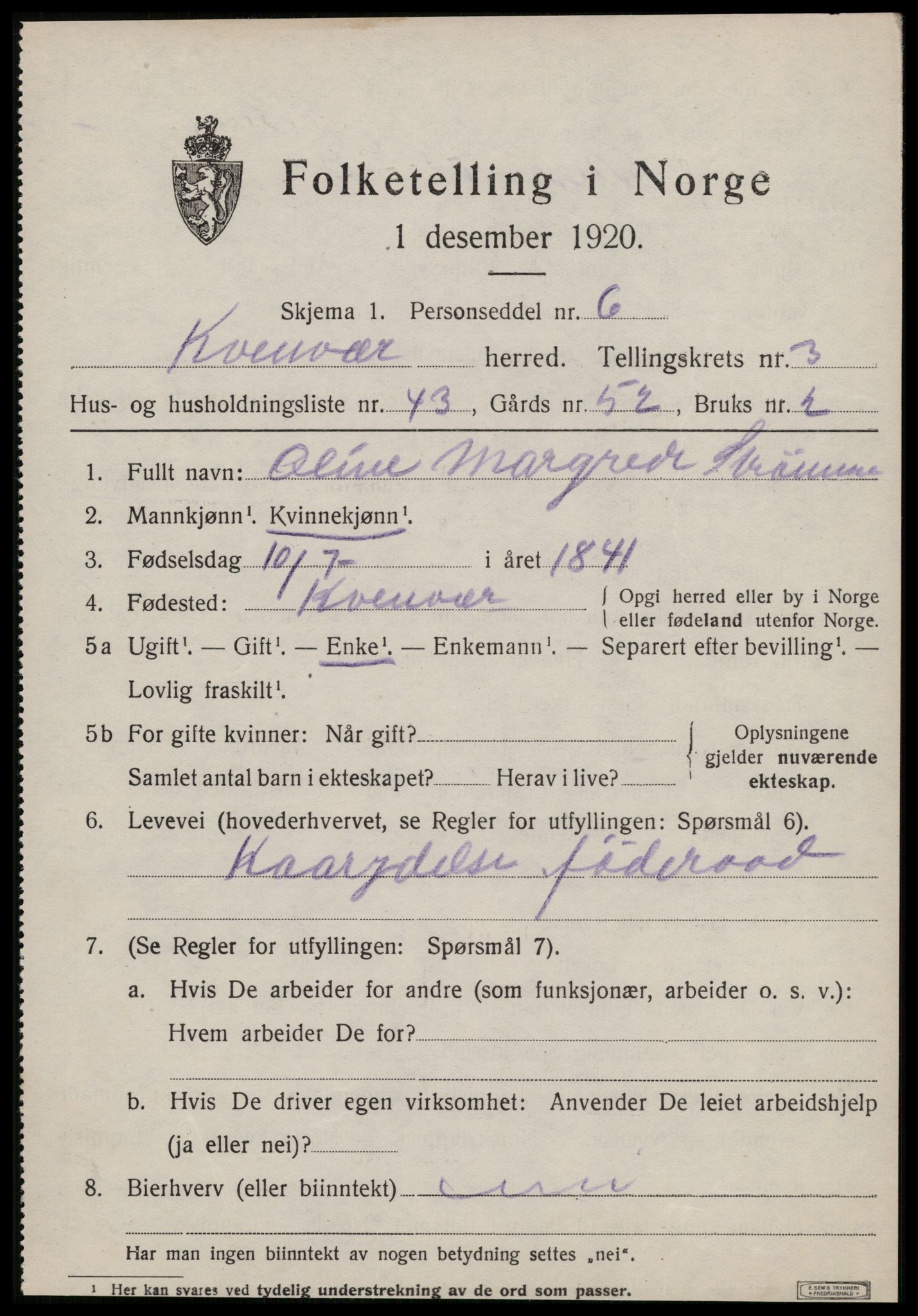 SAT, 1920 census for Kvenvær, 1920, p. 1414