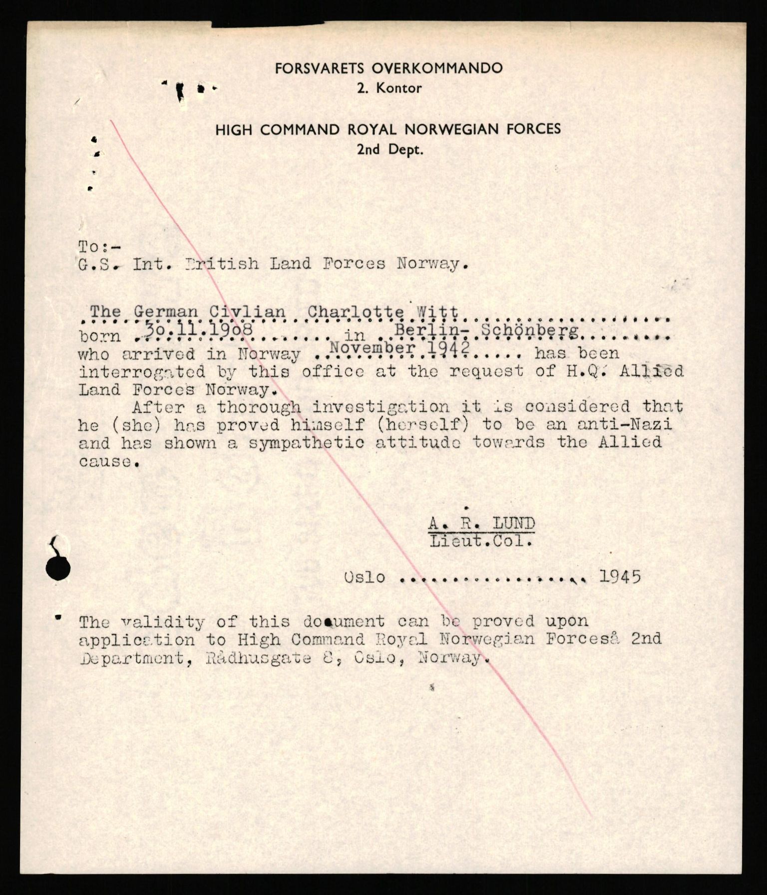 Forsvaret, Forsvarets overkommando II, AV/RA-RAFA-3915/D/Db/L0036: CI Questionaires. Tyske okkupasjonsstyrker i Norge. Tyskere., 1945-1946, p. 326