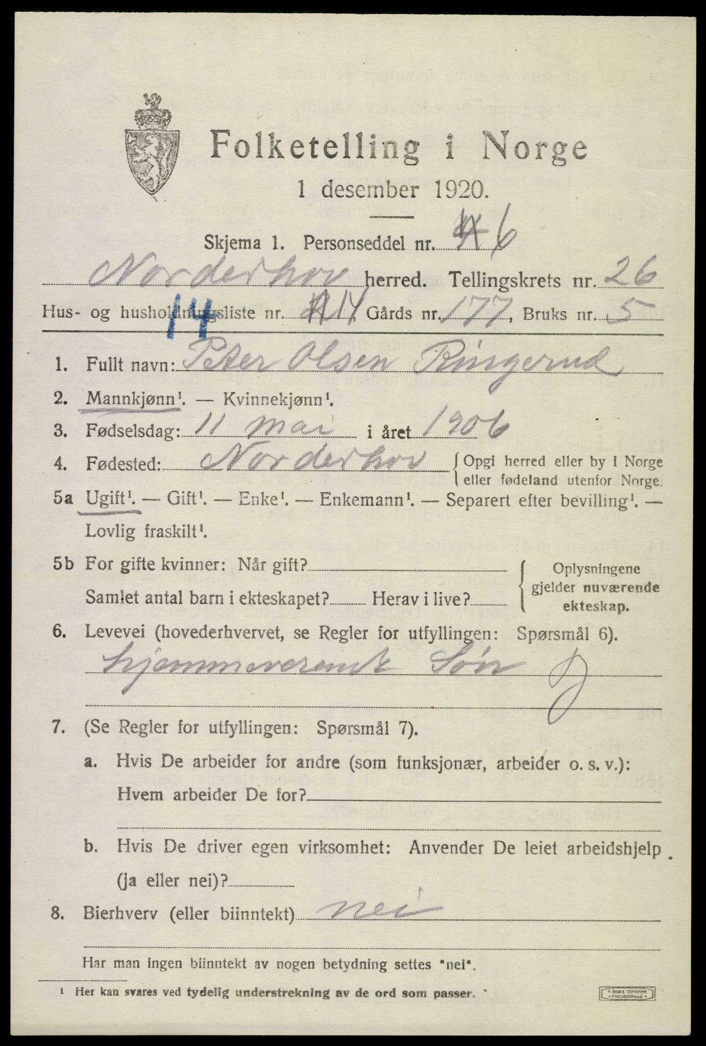 SAKO, 1920 census for Norderhov, 1920, p. 24267