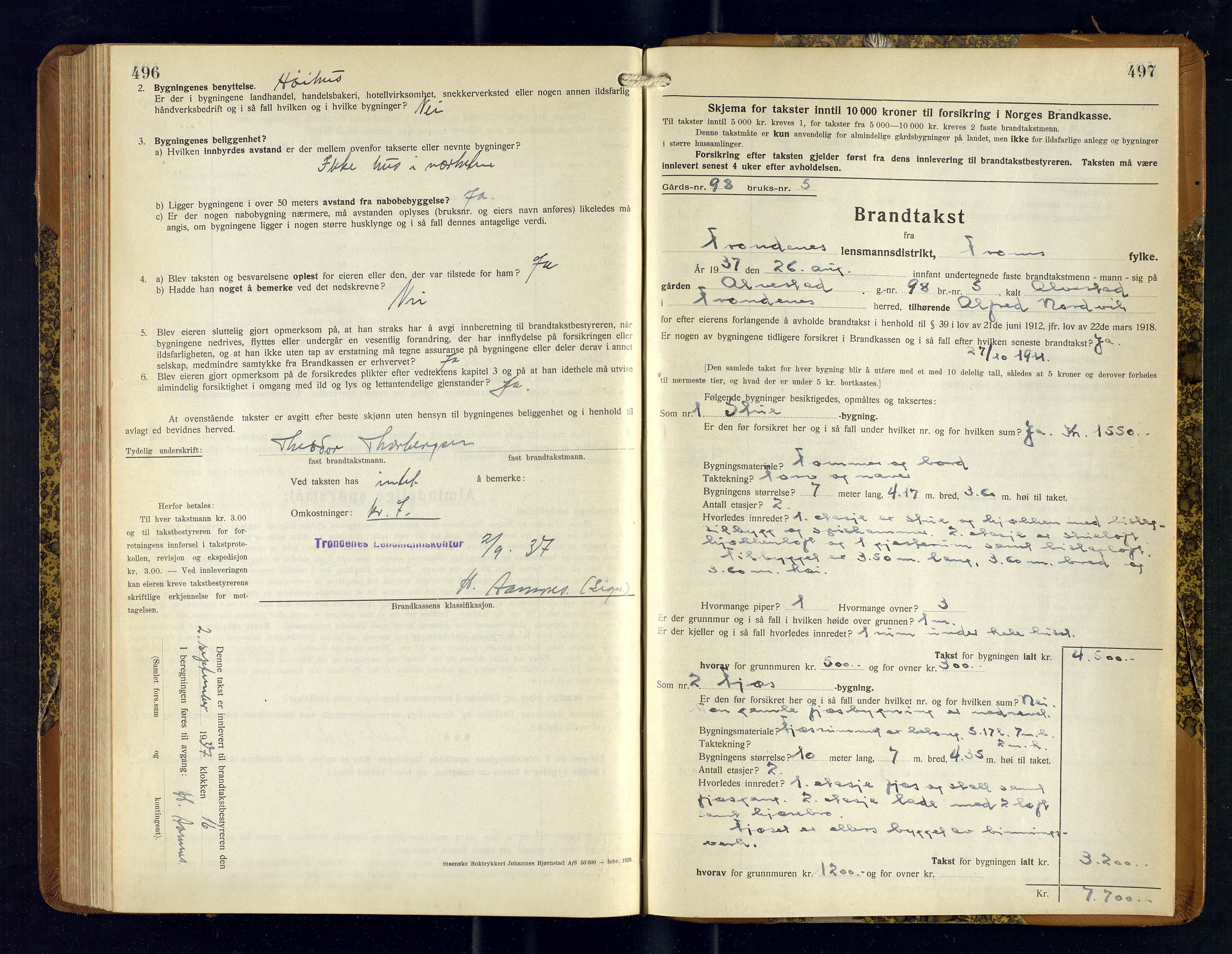 Harstad lensmannskontor, AV/SATØ-SATØ-10/F/Fr/Fra/L0618: Branntakstprotokoll (S), 1935-1937, p. 496-497