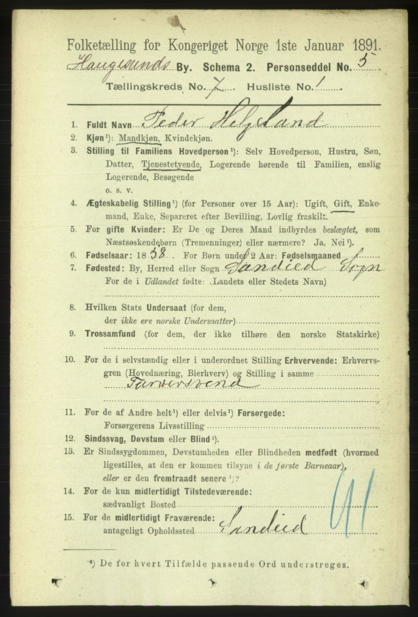 RA, 1891 census for 1106 Haugesund, 1891, p. 3080