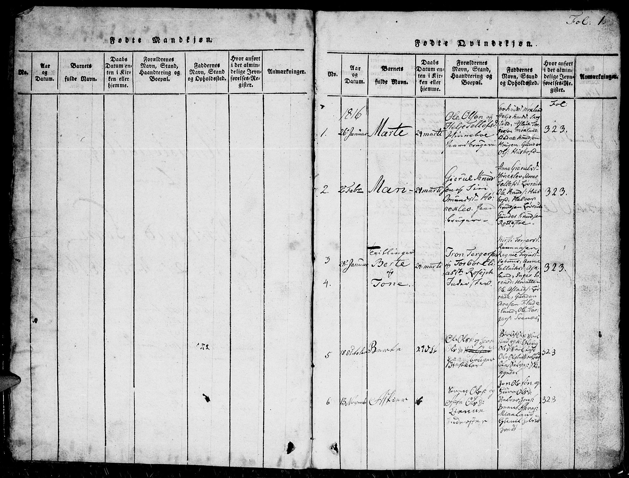 Herefoss sokneprestkontor, SAK/1111-0019/F/Fb/Fbc/L0001: Parish register (copy) no. B 1, 1816-1866, p. 1