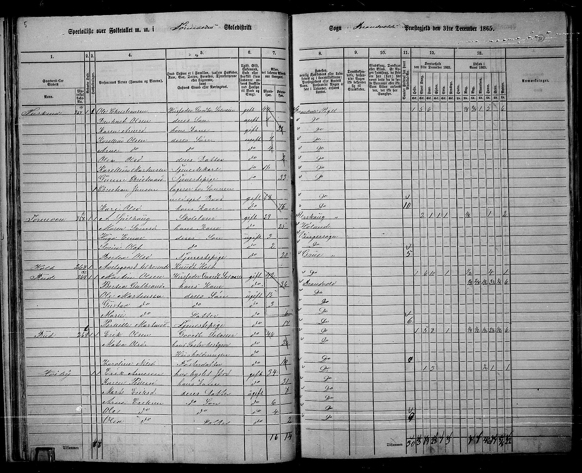 RA, 1865 census for Brandval, 1865, p. 30