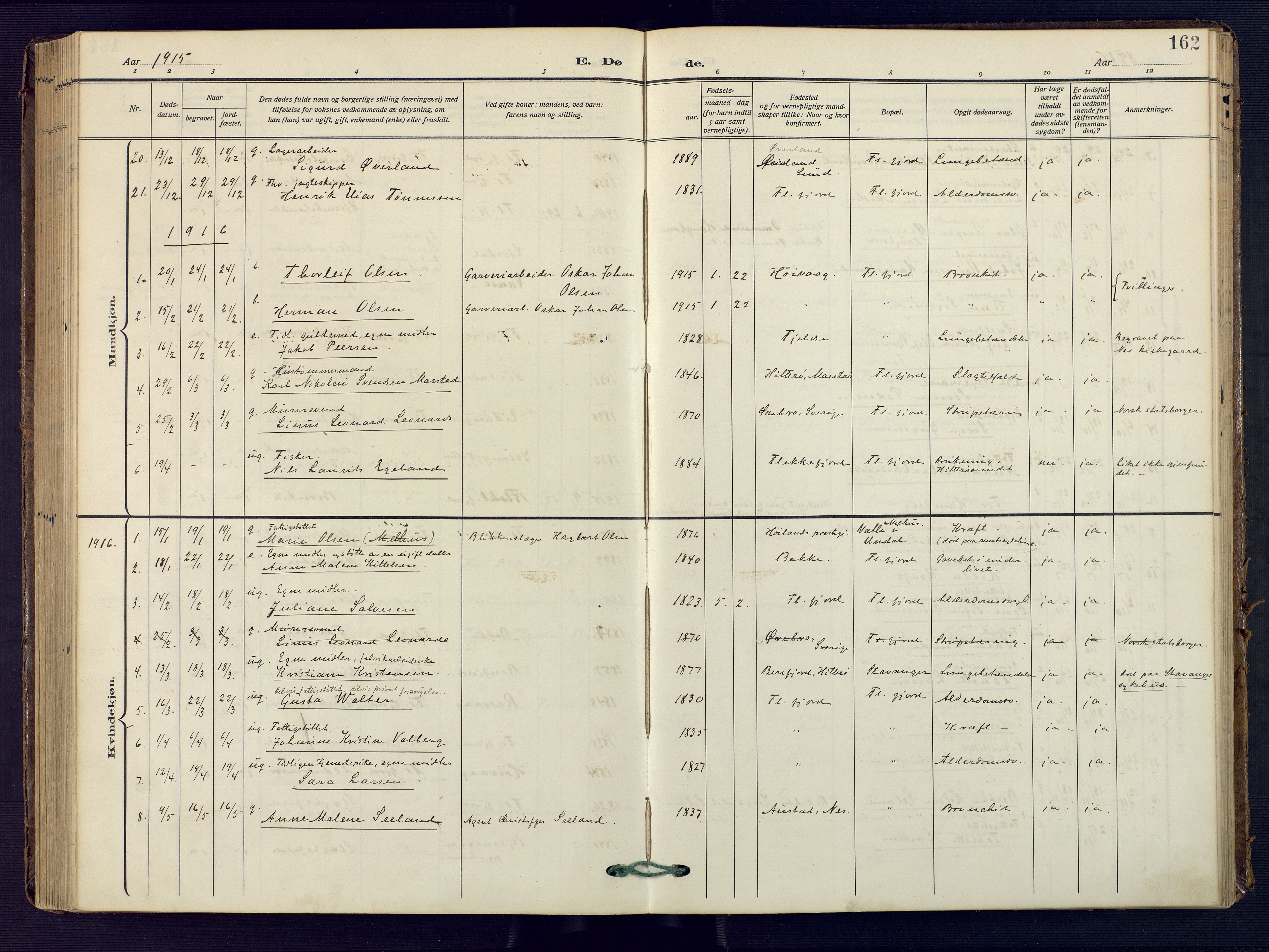 Flekkefjord sokneprestkontor, AV/SAK-1111-0012/F/Fa/Faa/L0003: Parish register (official) no. A 3, 1913-1928, p. 162
