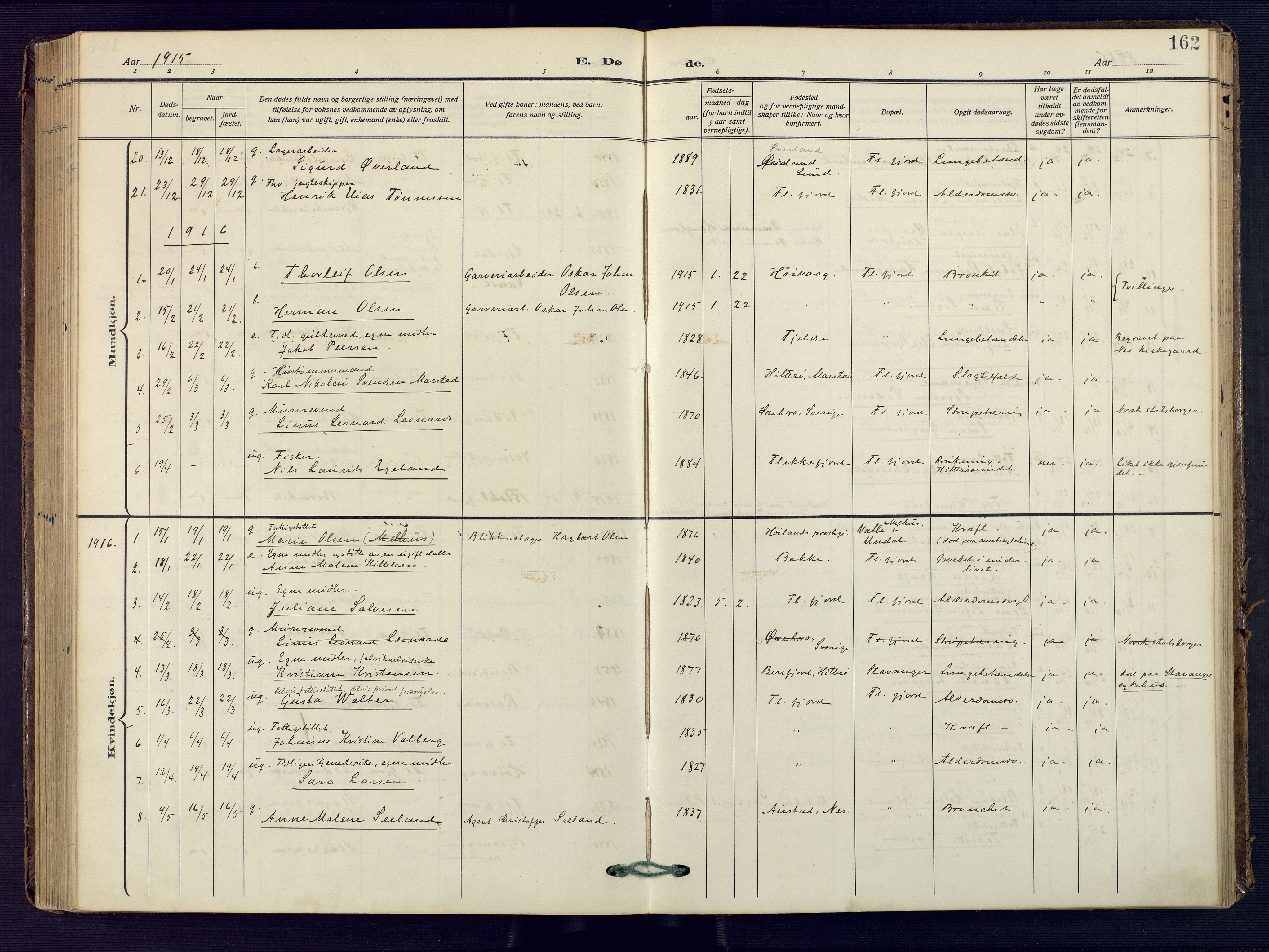 Flekkefjord sokneprestkontor, SAK/1111-0012/F/Fa/Faa/L0003: Parish register (official) no. A 3, 1913-1928, p. 162