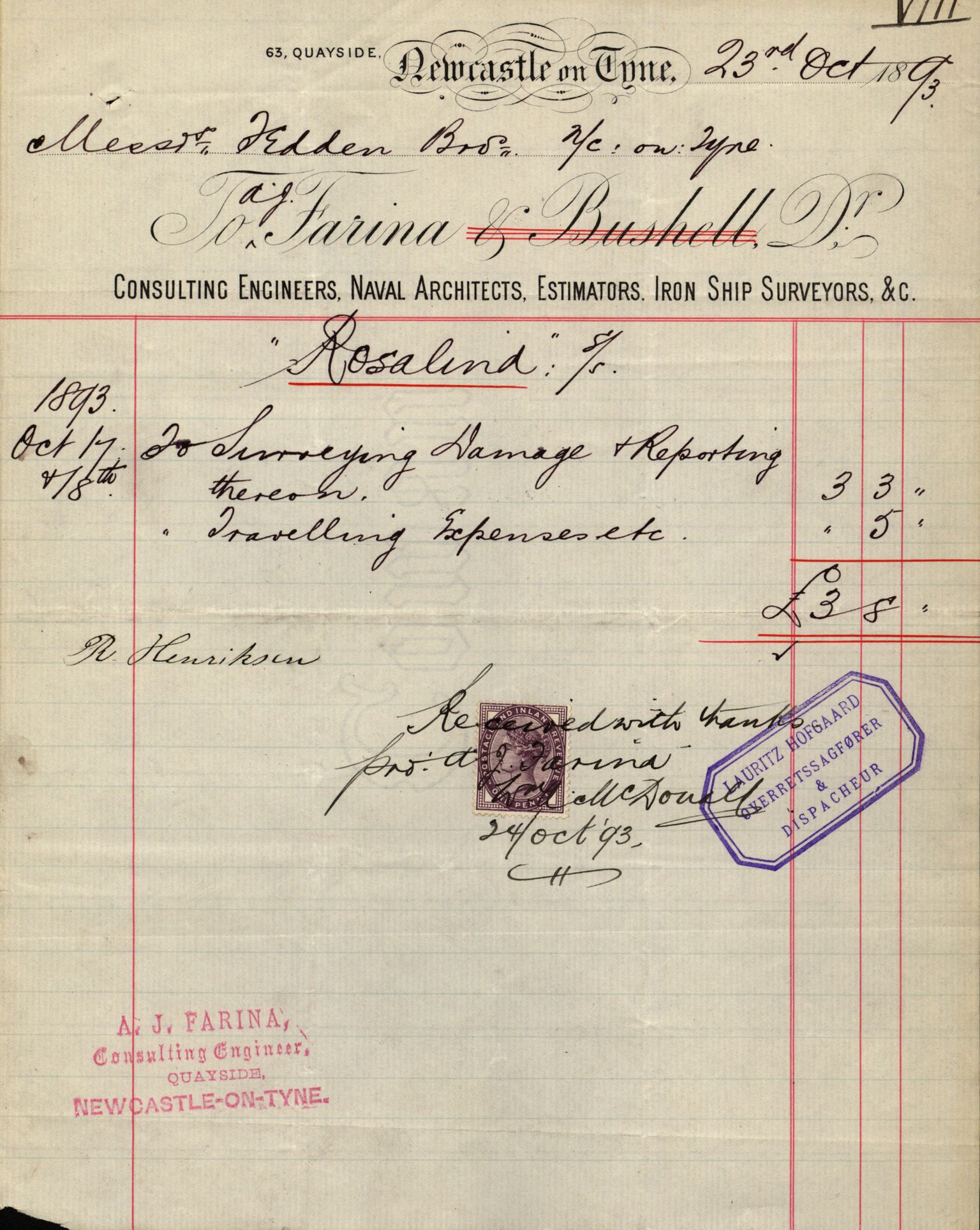 Pa 63 - Østlandske skibsassuranceforening, VEMU/A-1079/G/Ga/L0030/0003: Havaridokumenter / Rex, Salus, Schweigaard, Seladon, Titania, Tordenskjold av Trondhjem, 1893, p. 69