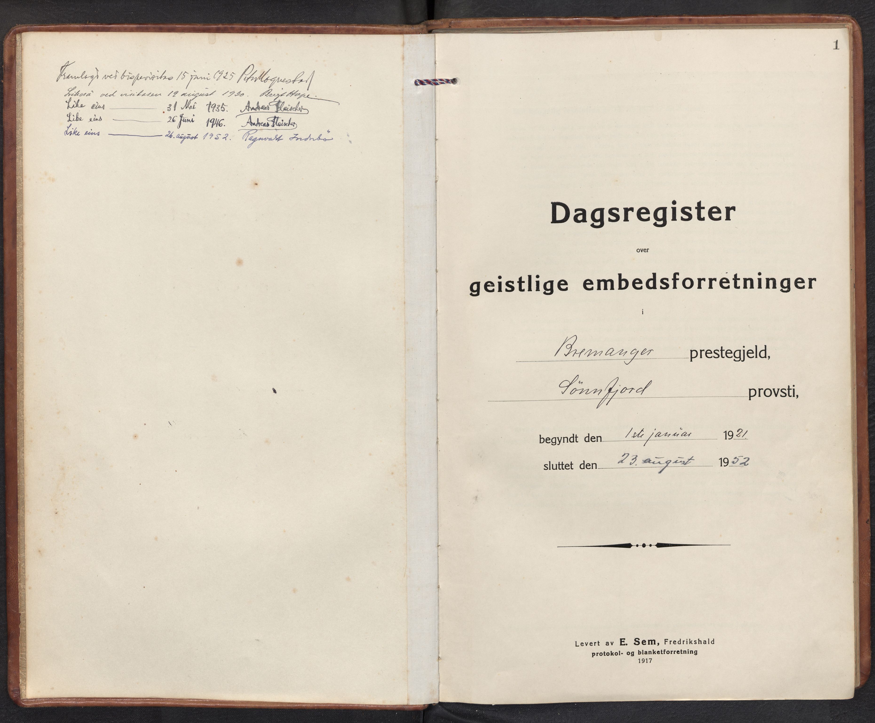 Bremanger sokneprestembete, SAB/A-82201/H/Haa/Haad/L0001: Diary records no. D 1, 1921-1952, p. 0b-1a