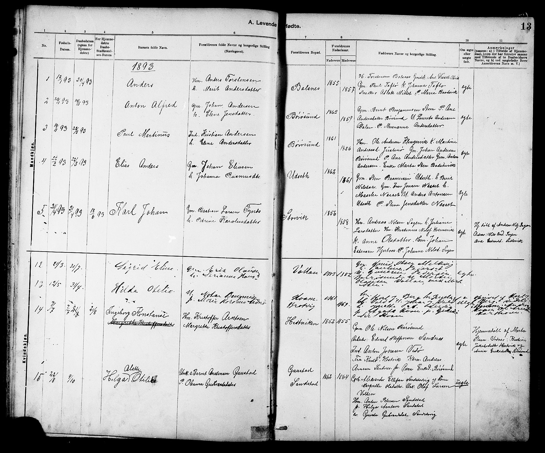 Ministerialprotokoller, klokkerbøker og fødselsregistre - Sør-Trøndelag, SAT/A-1456/639/L0573: Parish register (copy) no. 639C01, 1890-1905, p. 13