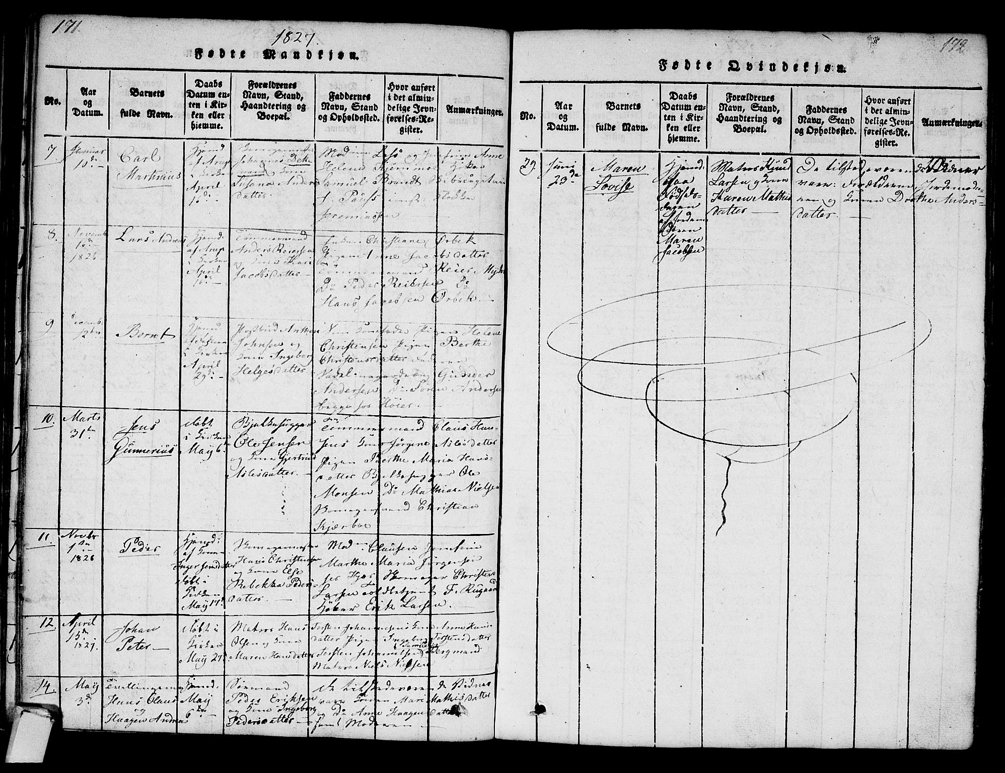 Strømsø kirkebøker, AV/SAKO-A-246/F/Fa/L0011: Parish register (official) no. I 11, 1815-1829, p. 171-172