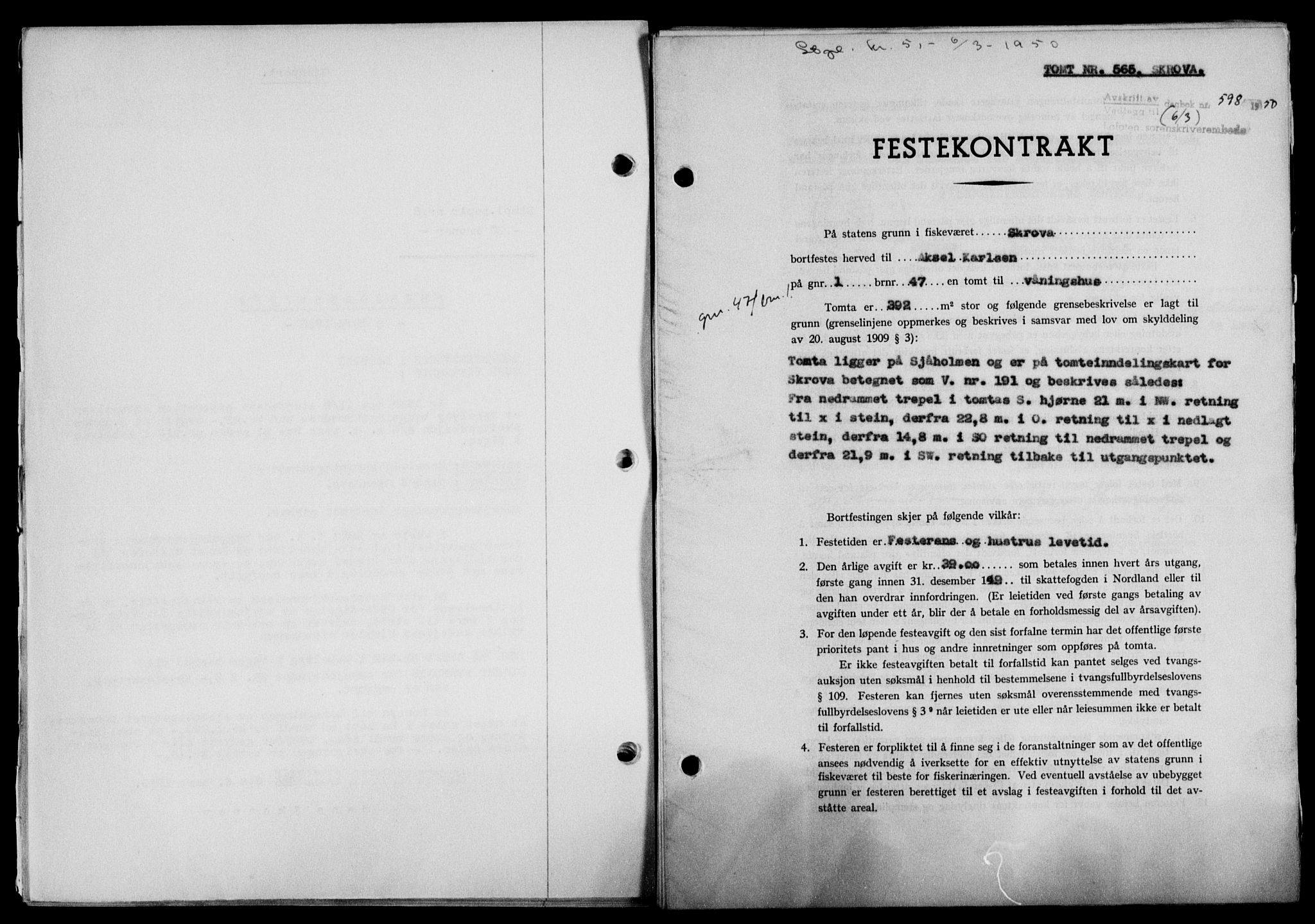 Lofoten sorenskriveri, SAT/A-0017/1/2/2C/L0023a: Mortgage book no. 23a, 1950-1950, Diary no: : 598/1950