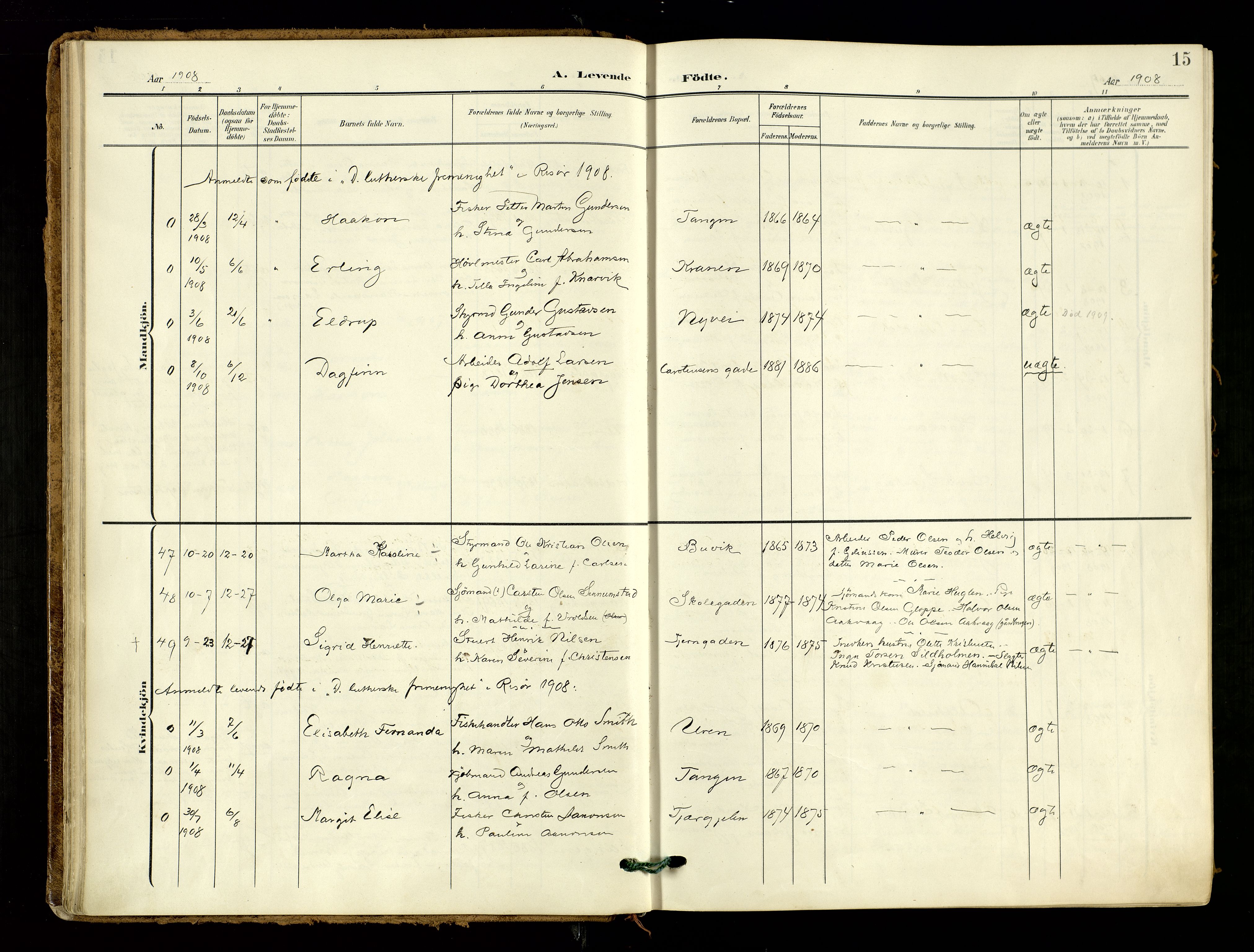 Risør sokneprestkontor, AV/SAK-1111-0035/F/Fa/L0011: Parish register (official) no. A 11, 1907-1920, p. 15