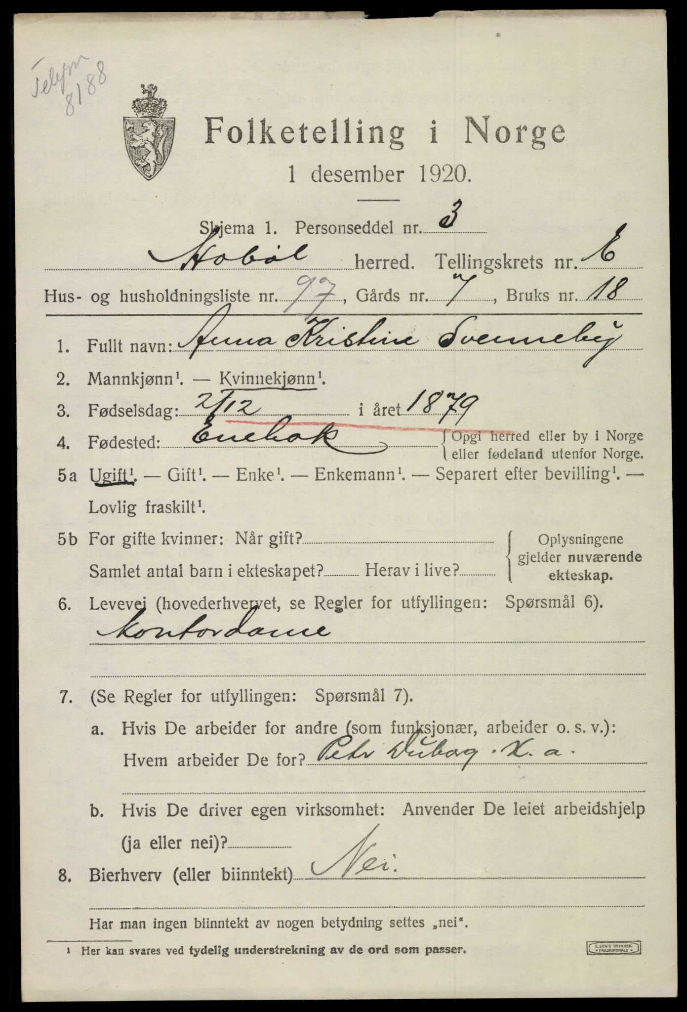 SAO, 1920 census for Hobøl, 1920, p. 5196