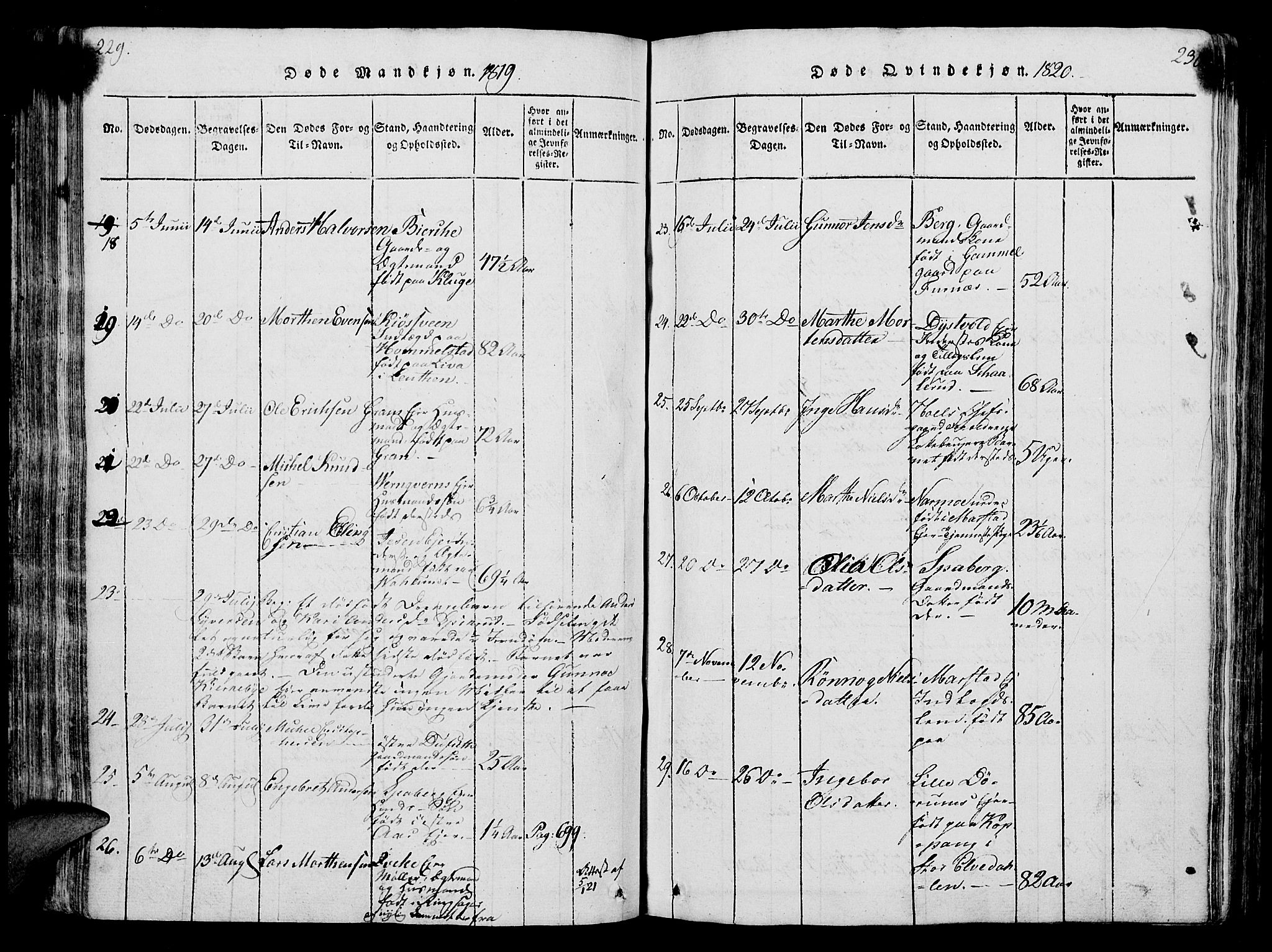 Vang prestekontor, Hedmark, AV/SAH-PREST-008/H/Ha/Hab/L0004: Parish register (copy) no. 4, 1813-1827, p. 229-230