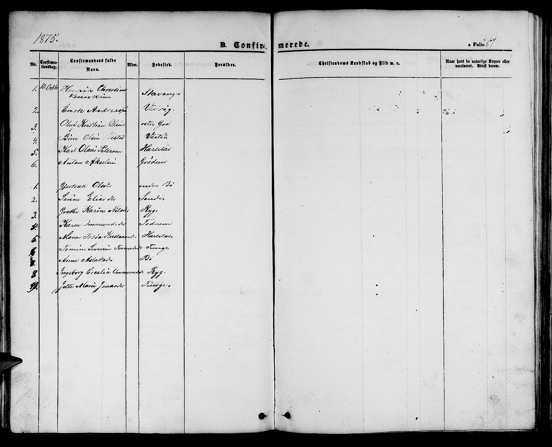 Hetland sokneprestkontor, AV/SAST-A-101826/30/30BB/L0002: Parish register (copy) no. B 2, 1856-1891, p. 67