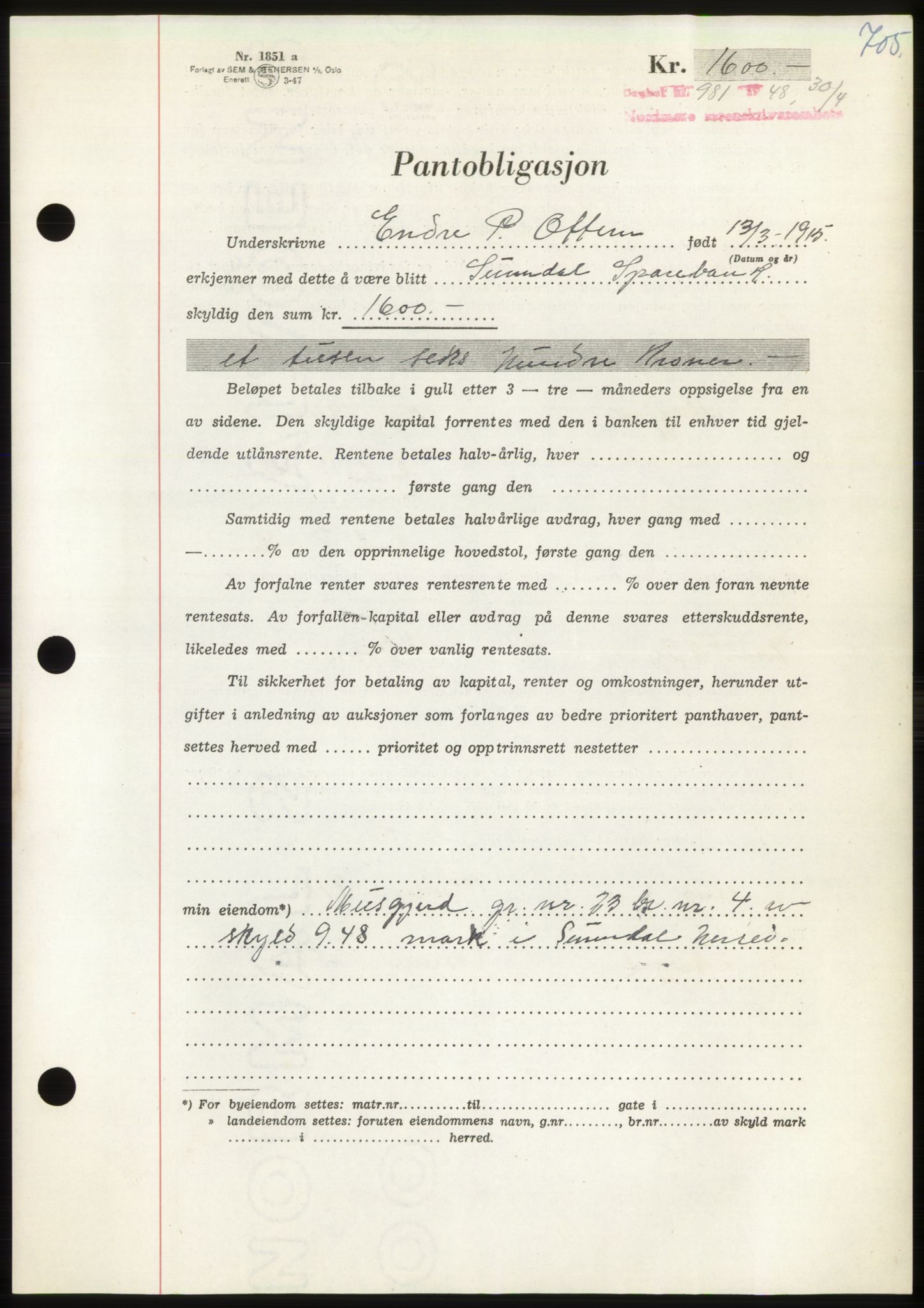 Nordmøre sorenskriveri, AV/SAT-A-4132/1/2/2Ca: Mortgage book no. B98, 1948-1948, Diary no: : 981/1948