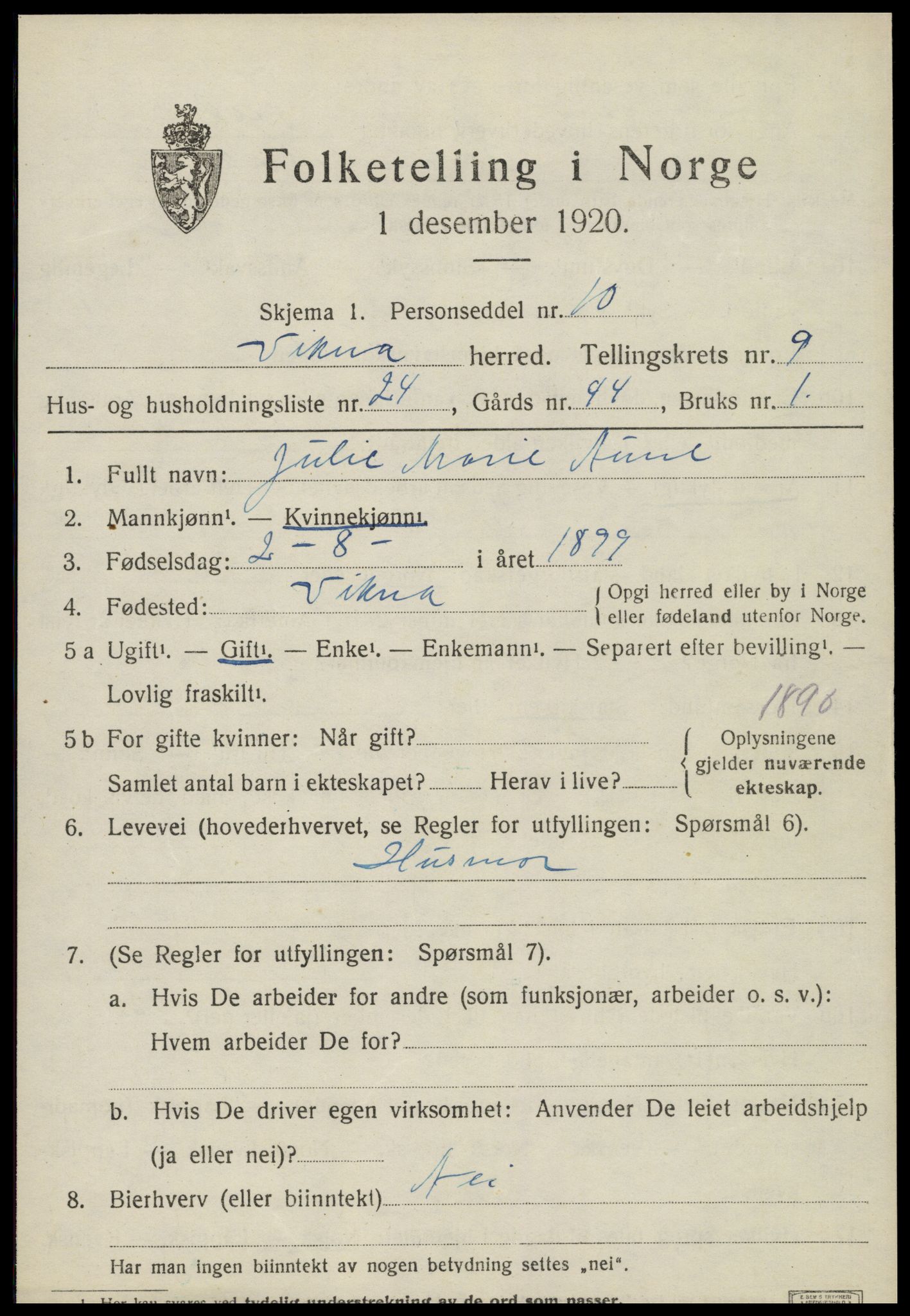 SAT, 1920 census for Vikna, 1920, p. 6699