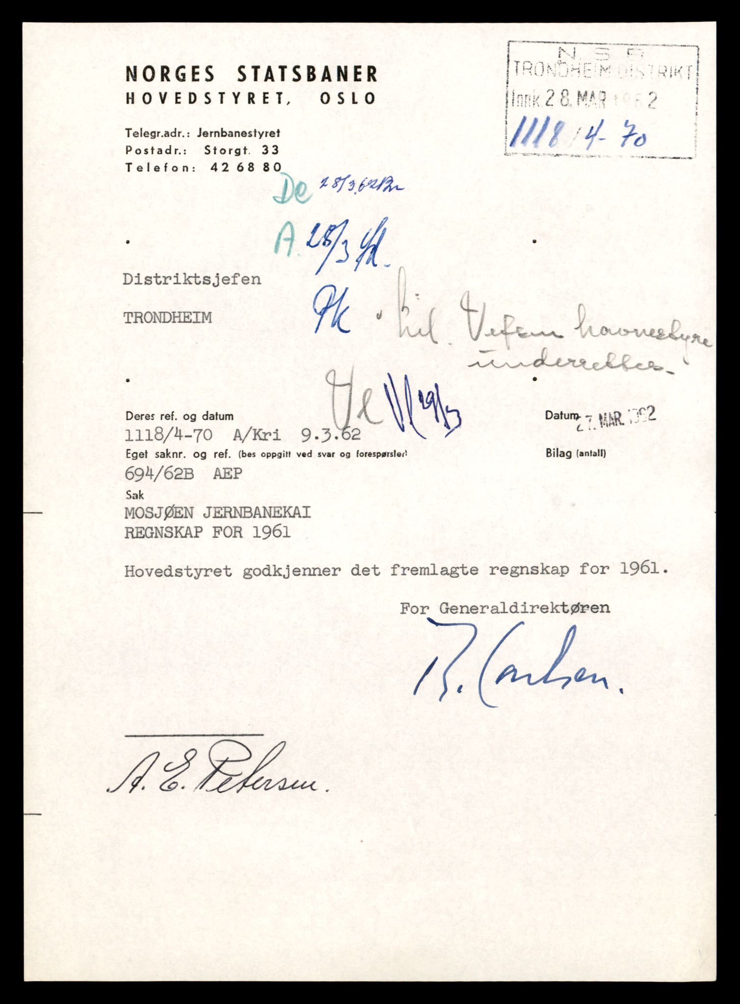 Norges statsbaner (NSB) - Trondheim distrikt, AV/SAT-A-6436/0002/Dd/L0817: --, 1953-1980, p. 291