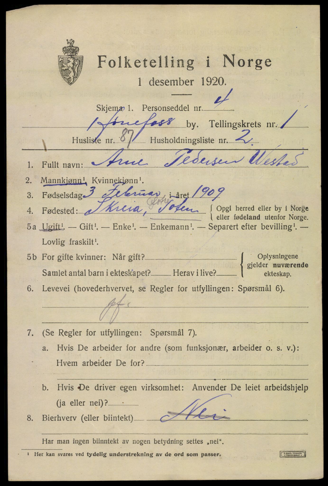 SAKO, 1920 census for Hønefoss, 1920, p. 3840