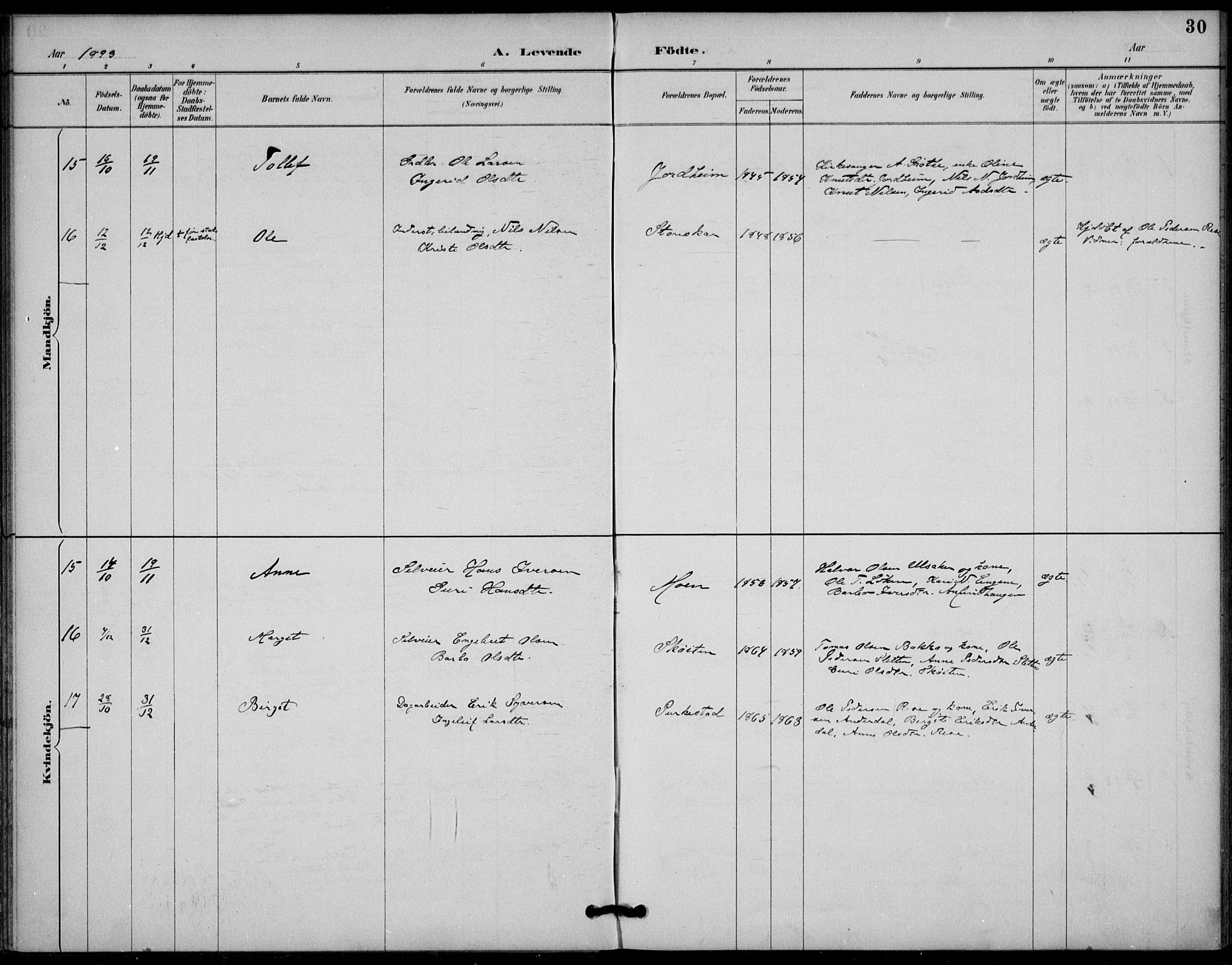 Gol kirkebøker, AV/SAKO-A-226/F/Fb/L0001: Parish register (official) no. II 1, 1887-1900, p. 30