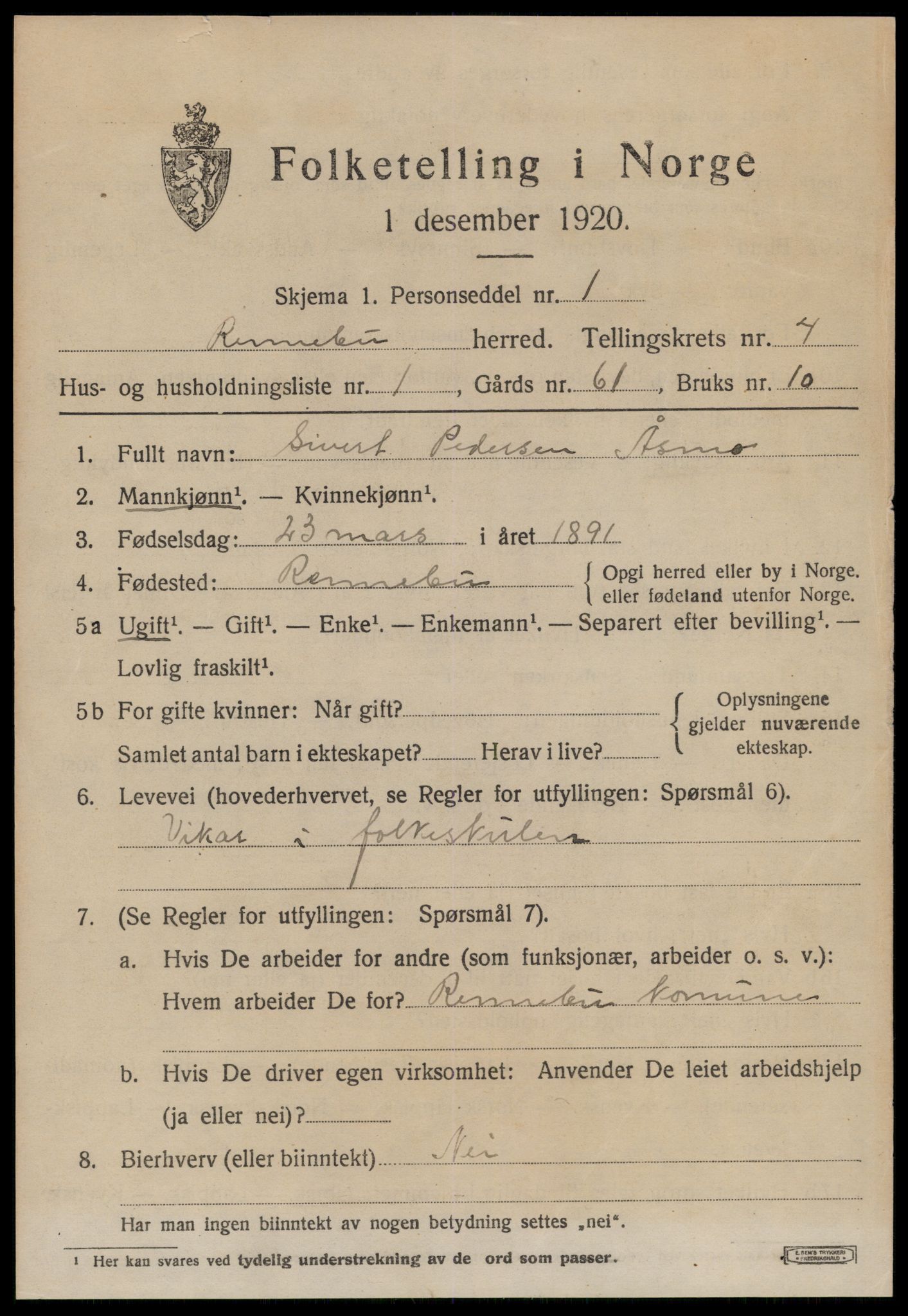 SAT, 1920 census for Rennebu, 1920, p. 2530