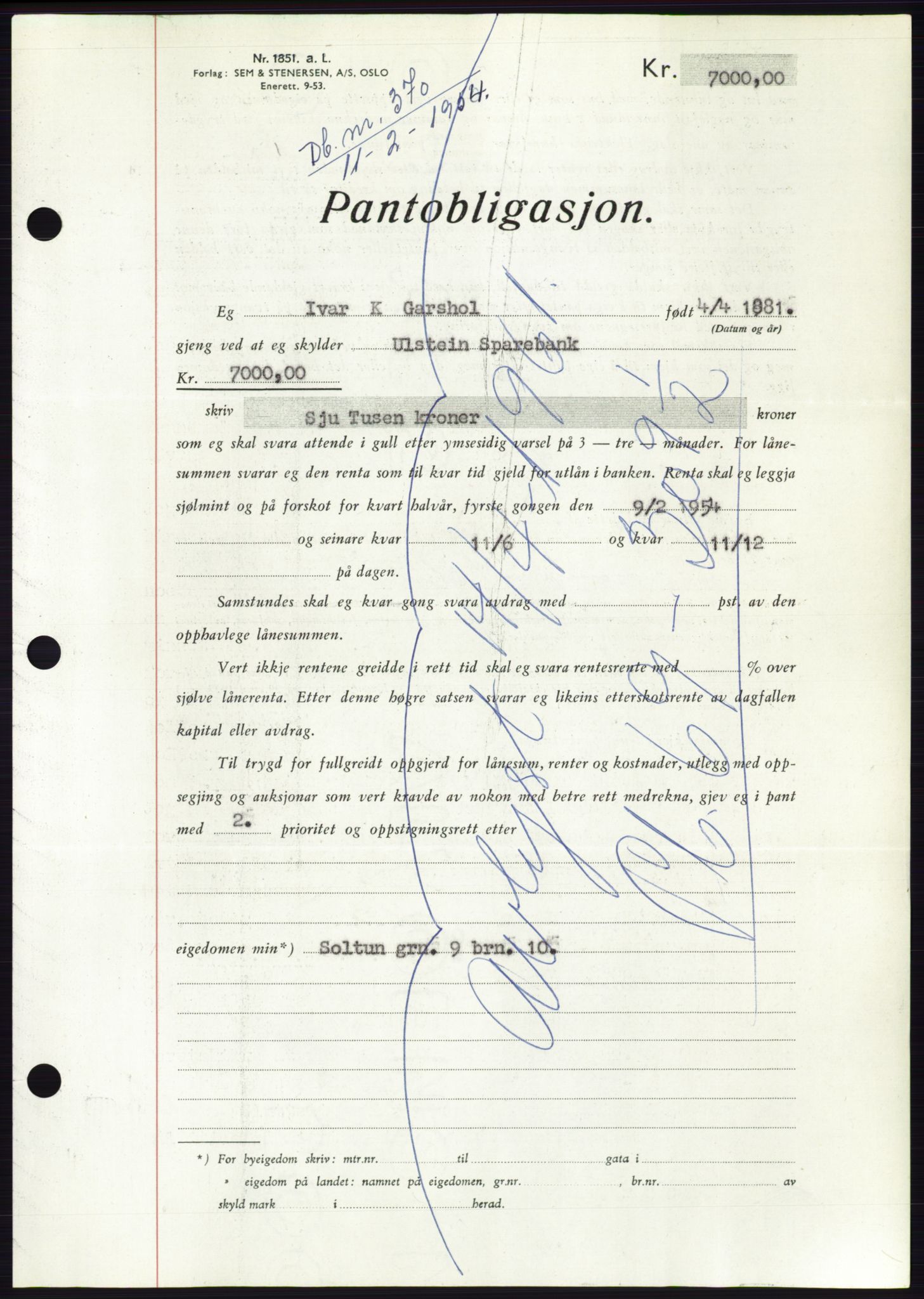 Søre Sunnmøre sorenskriveri, AV/SAT-A-4122/1/2/2C/L0124: Mortgage book no. 12B, 1953-1954, Diary no: : 370/1954