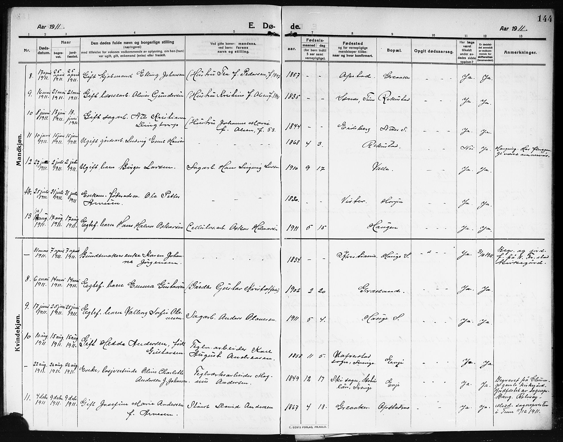 Rolvsøy prestekontor Kirkebøker, AV/SAO-A-2004/G/Ga/L0001: Parish register (copy) no. 1, 1911-1920, p. 144