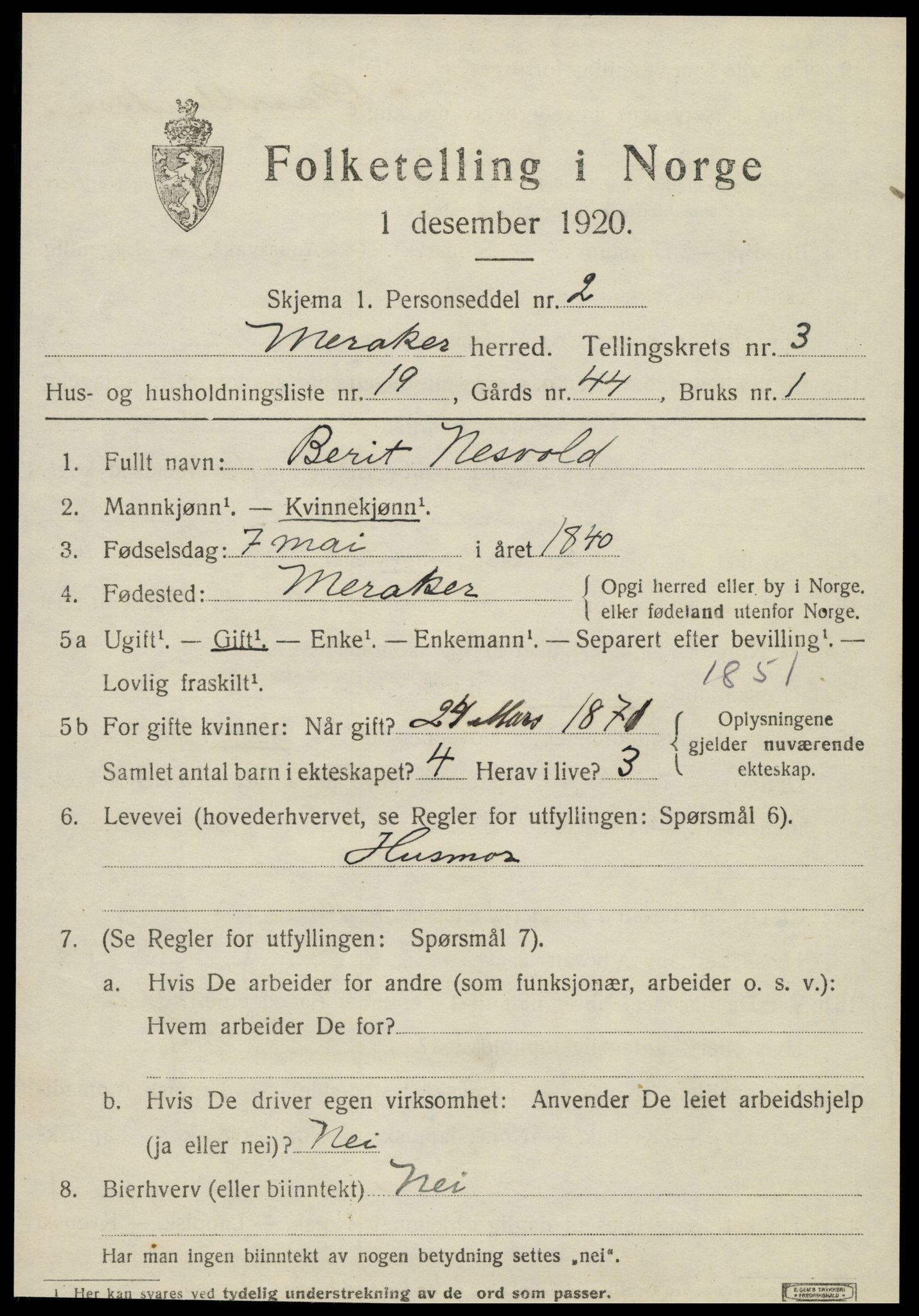 SAT, 1920 census for Meråker, 1920, p. 3362