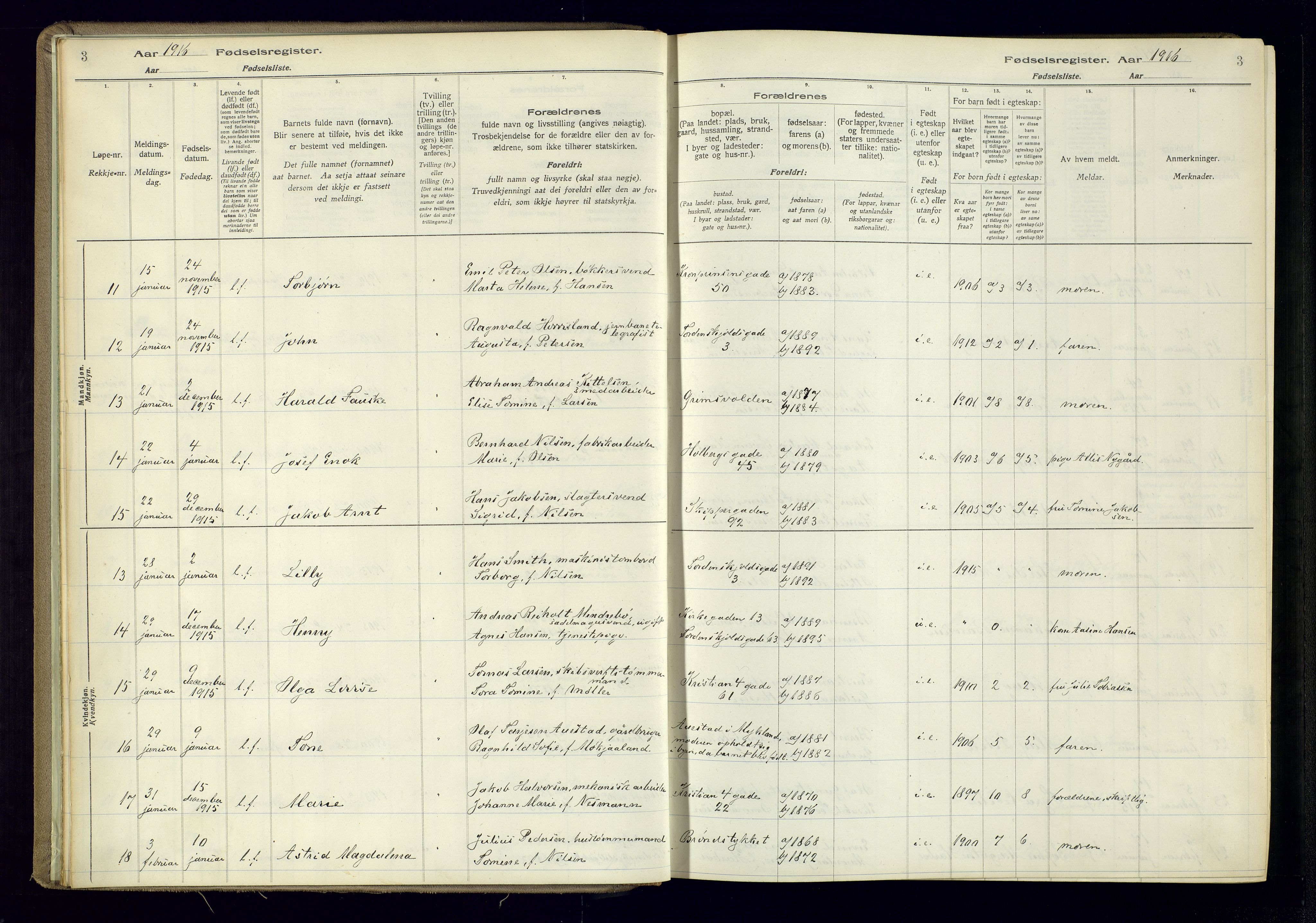 Kristiansand domprosti, AV/SAK-1112-0006/J/Jc/L0001: Birth register no. A-VI-45, 1916-1921, p. 3